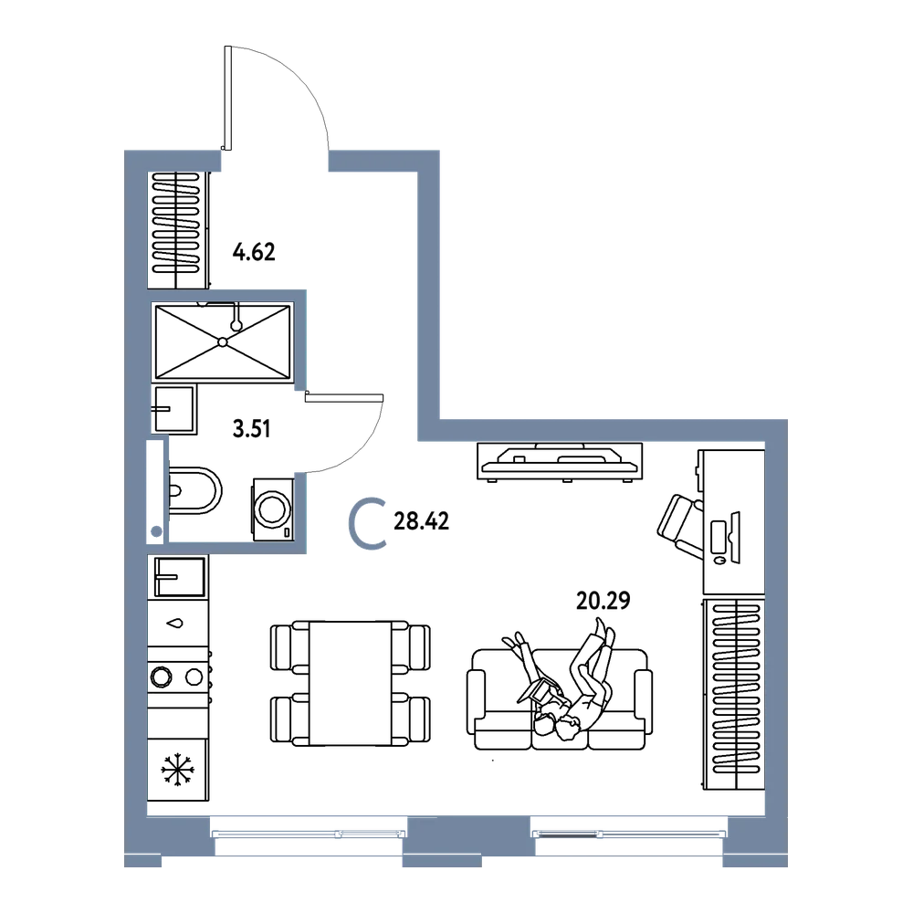 Планировка: Студия 28,42 м²