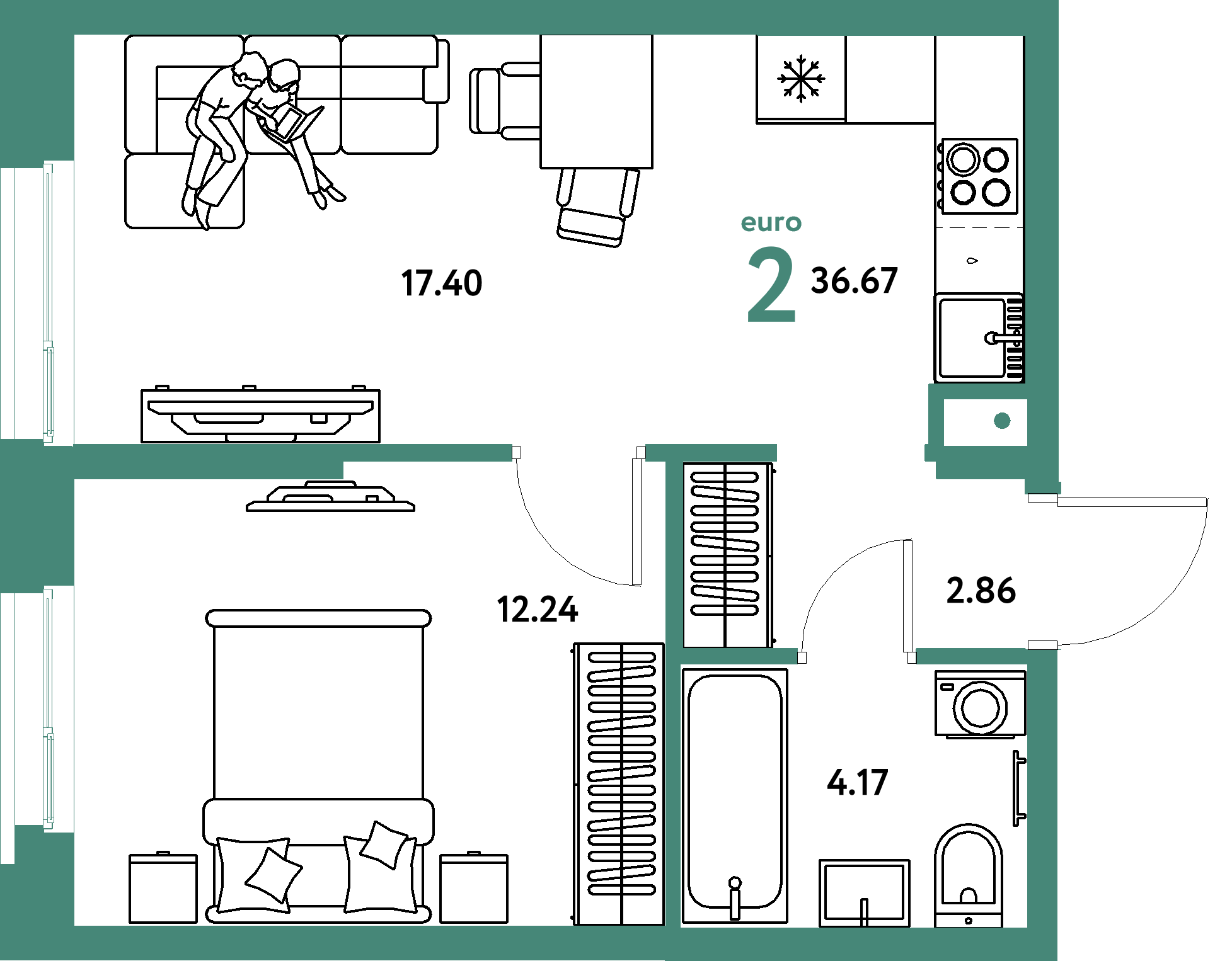 Планировка: Евродвушка 36,67 м² в ЖК «Европейский берег 2.0»