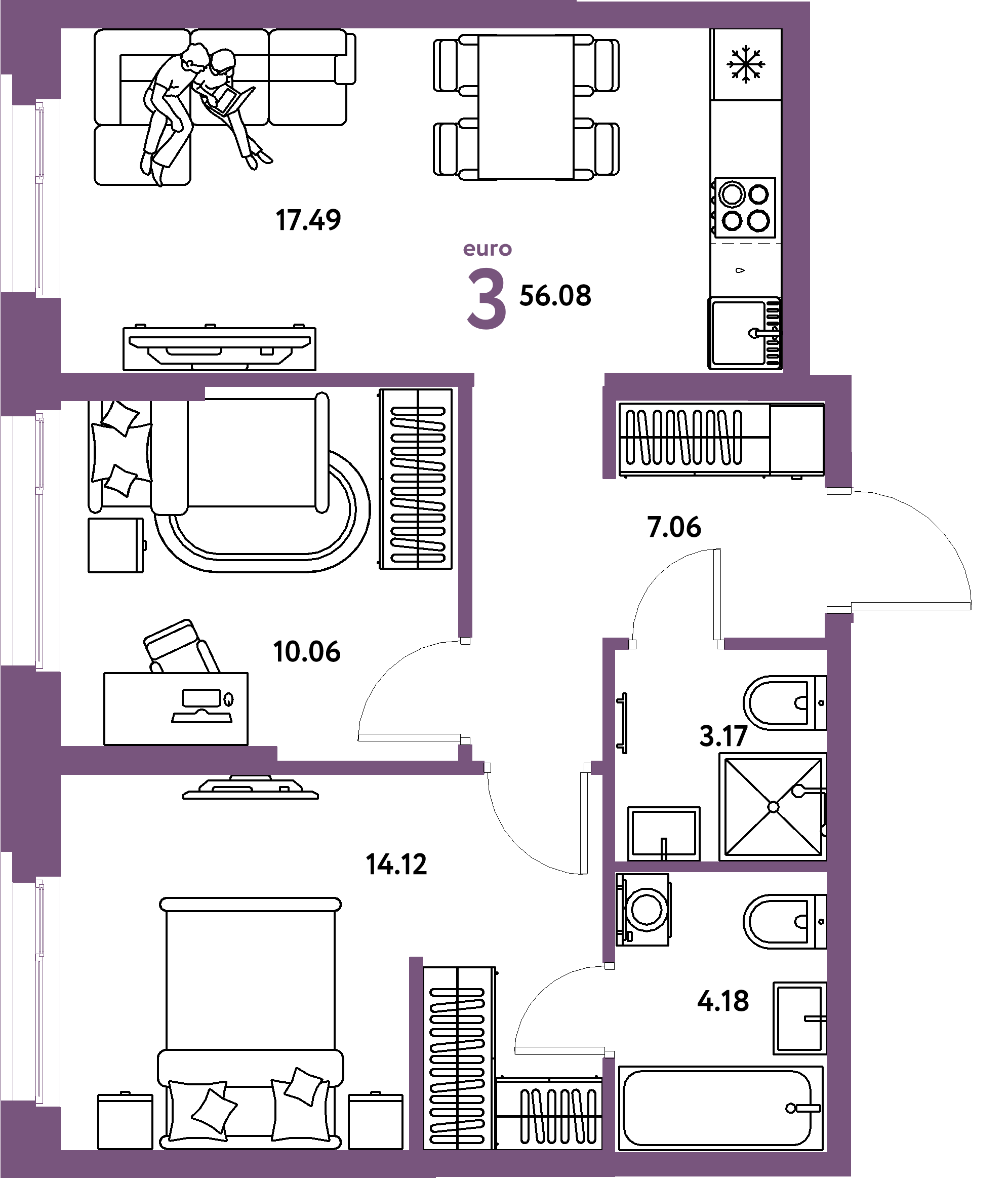 Планировка: Евротрёшка 56,08 м² в ЖК «Европейский берег 2.0»