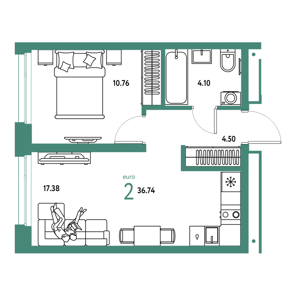 Планировка: Евродвушка 36,74 м²