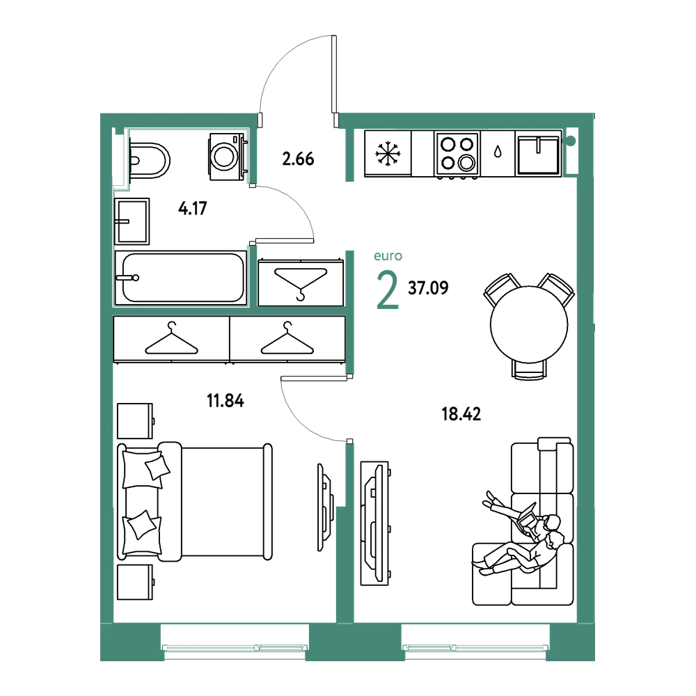 Планировка: Евродвушка 37,09 м²