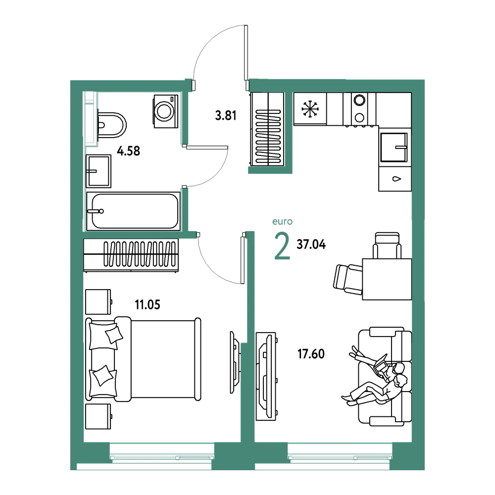 Планировка: Евродвушка 37,04 м²