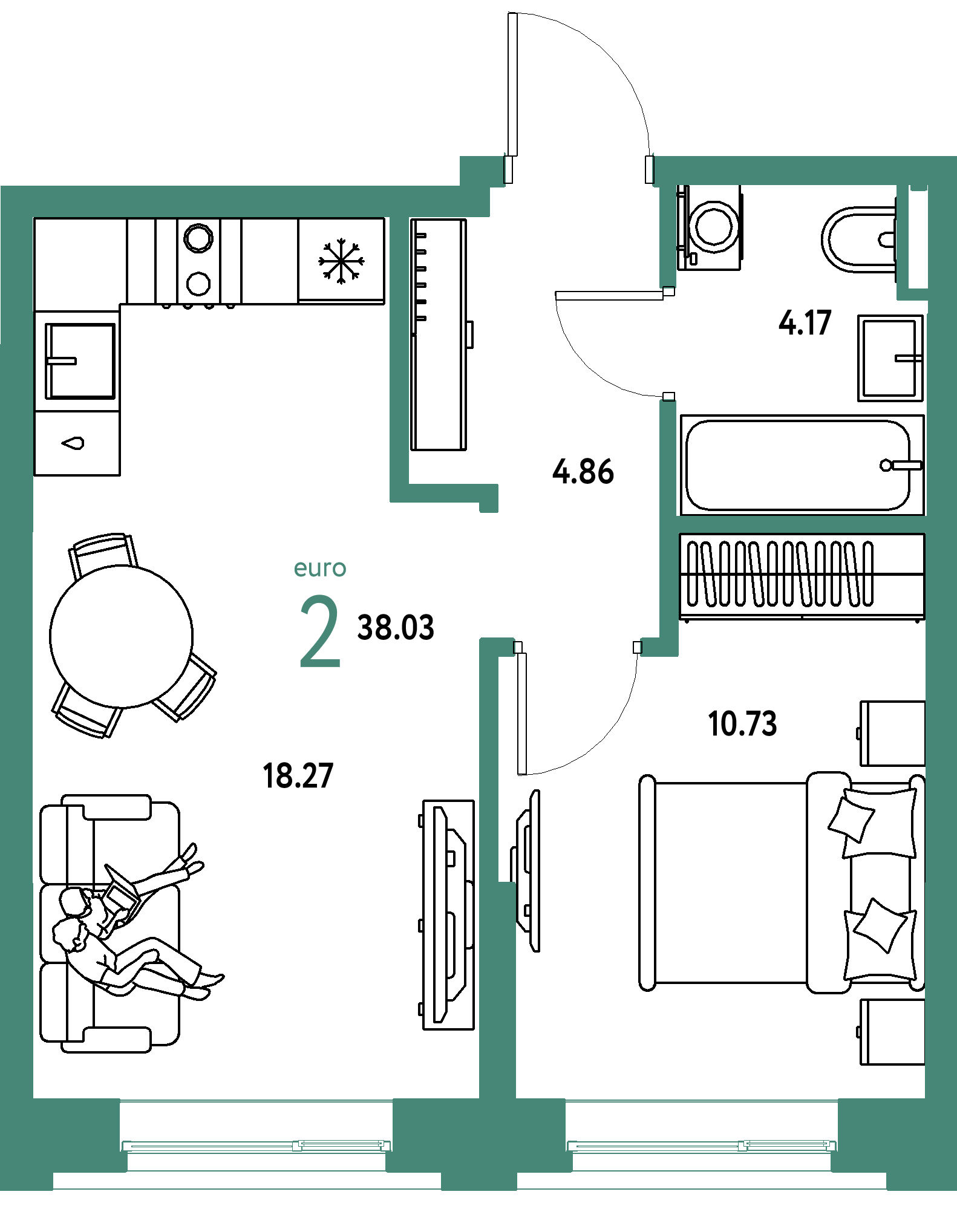 Планировка: Евродвушка 38,03 м² в ЖК «Остров-сад»