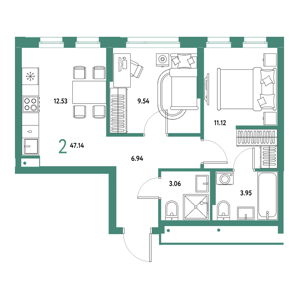 Планировка: 2-комнатная 47,14 м²