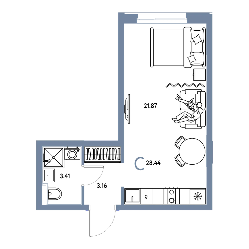 Планировка: Студия 28,44 м²