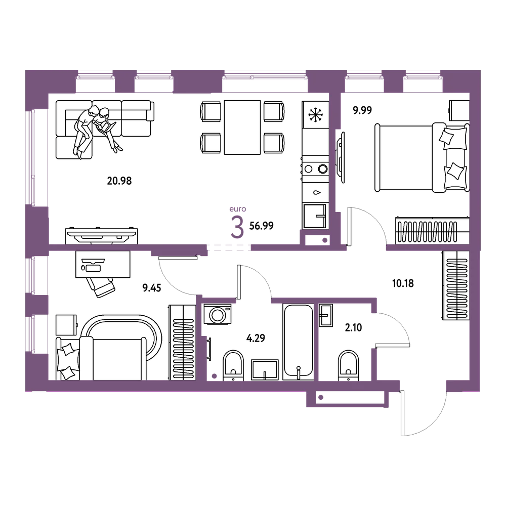 Планировка: Евротрёшка 56,99 м²
