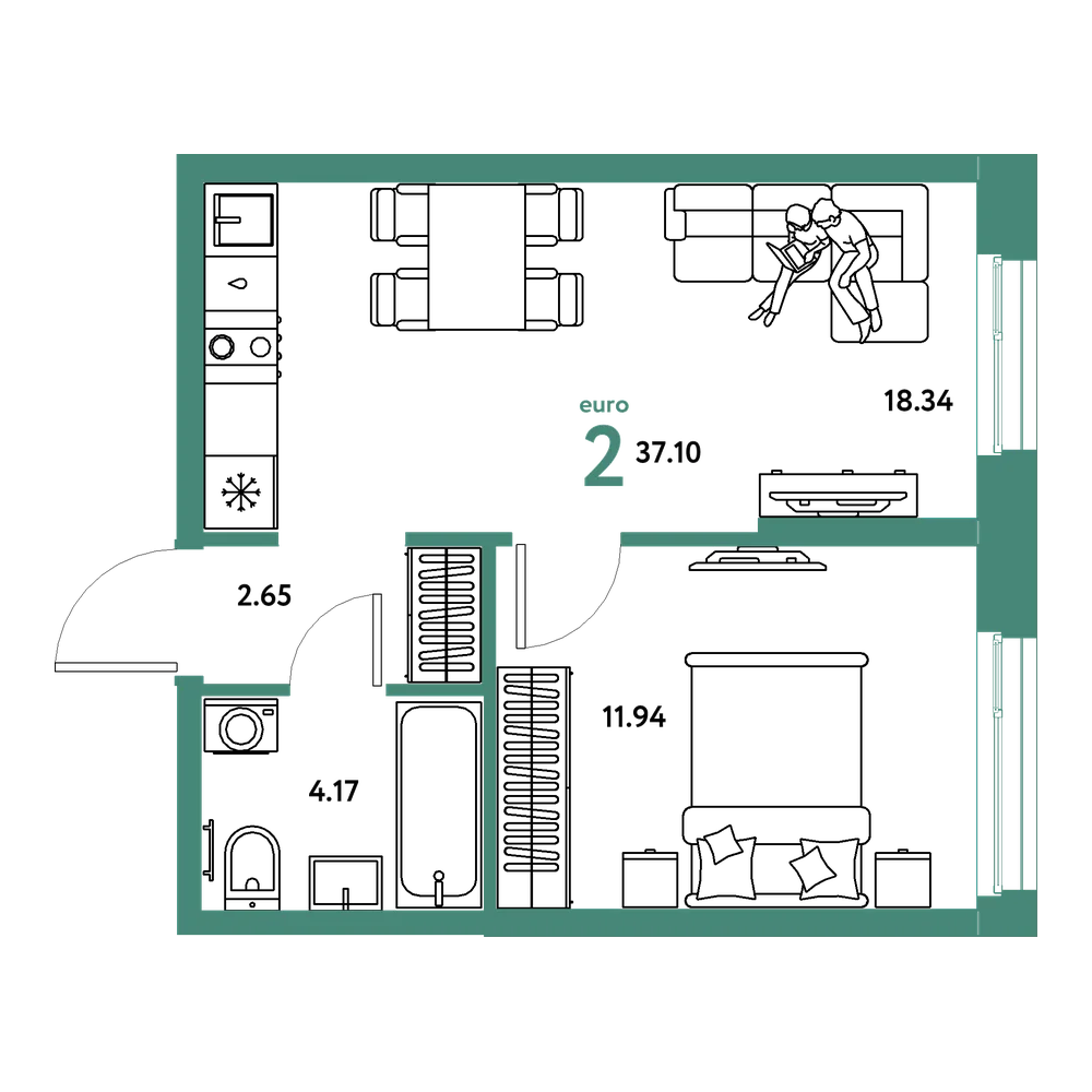 Планировка: Евродвушка 37,1 м²