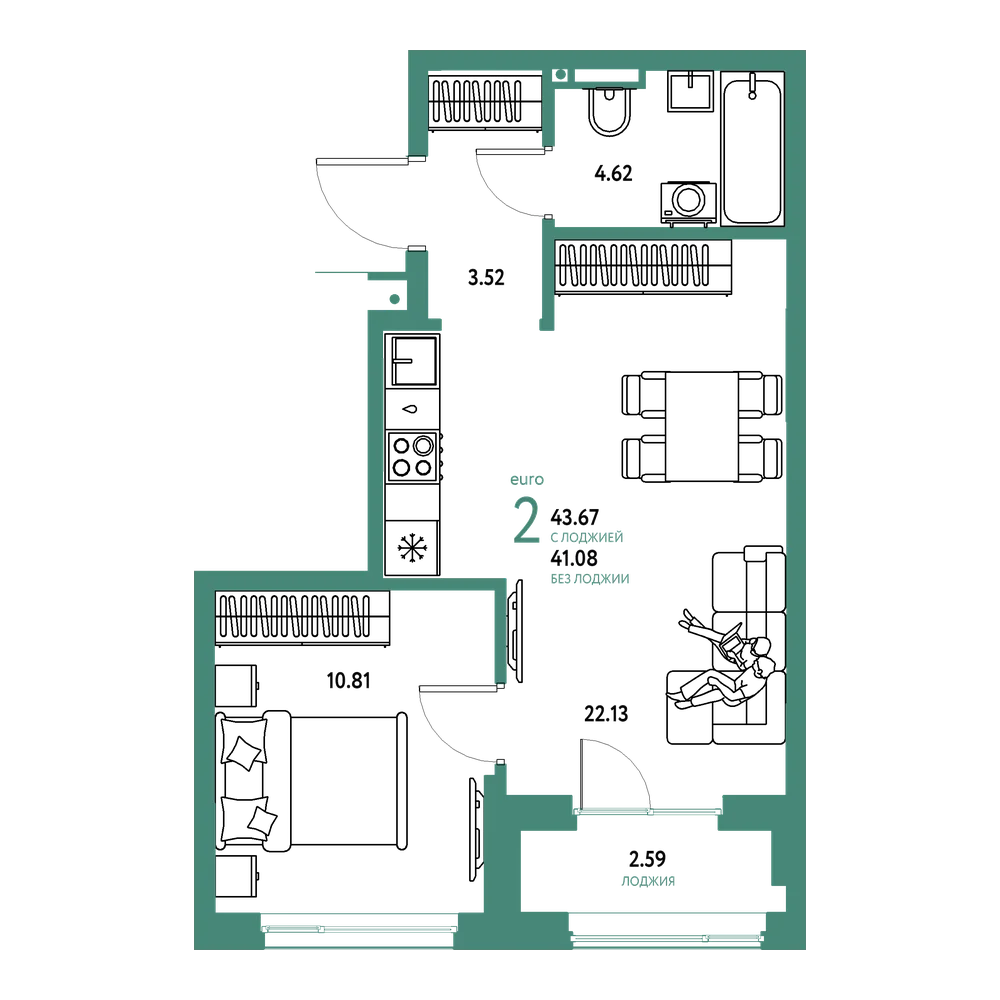 Планировка: Евродвушка 43,67 м²