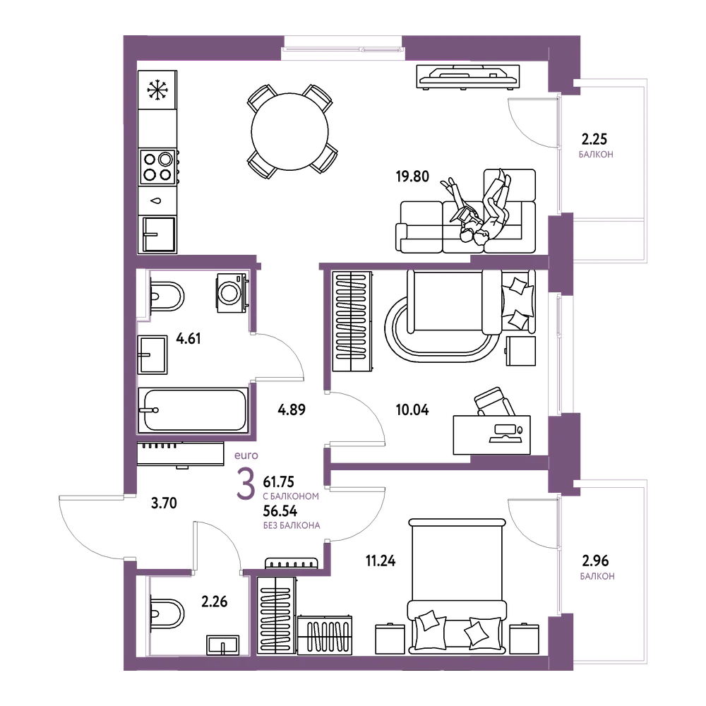 Планировка: Евротрёшка 61,26 м²
