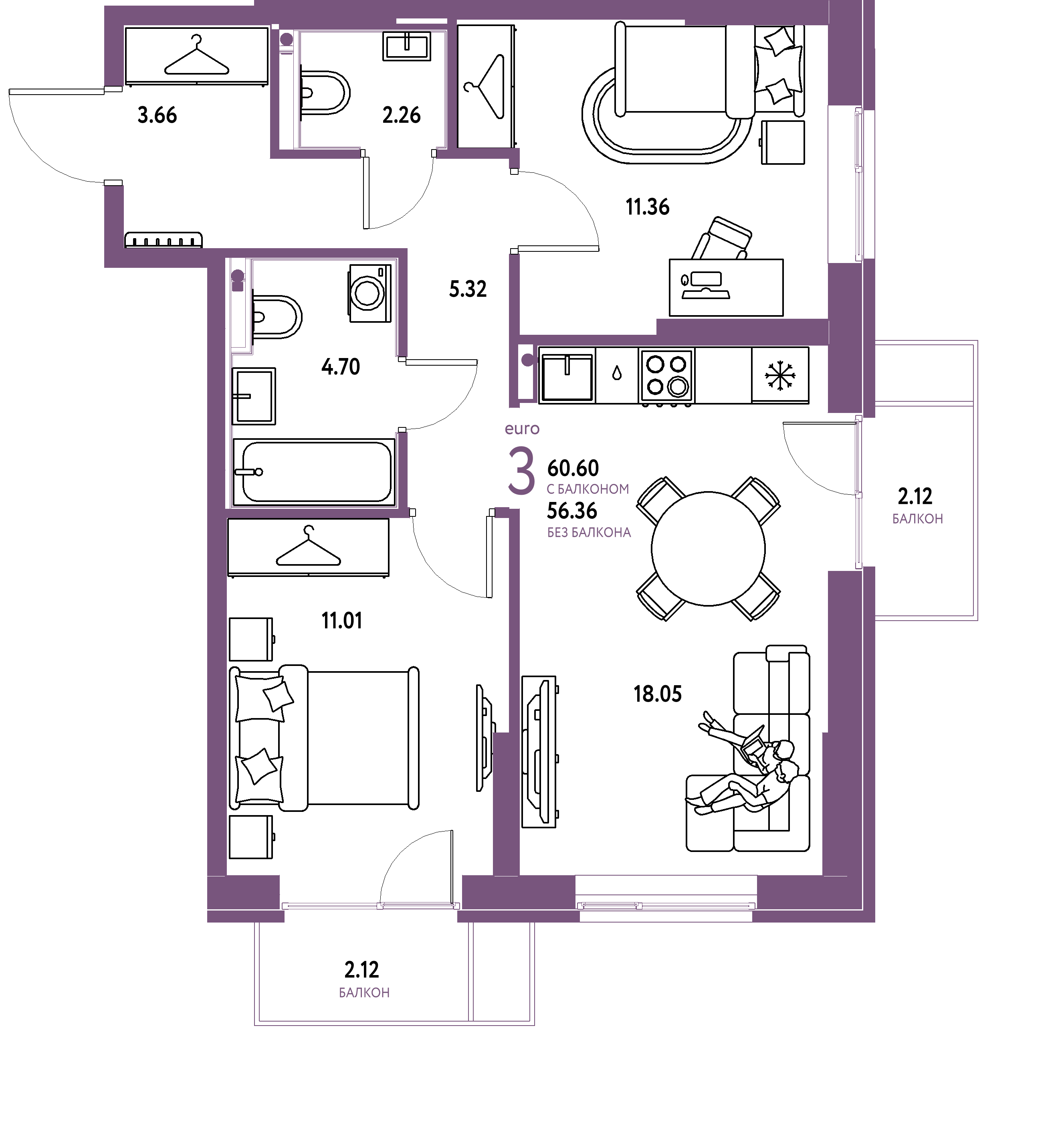 Планировка: Евротрёшка 60,6 м² в ЖК «Европейский берег 2.0»