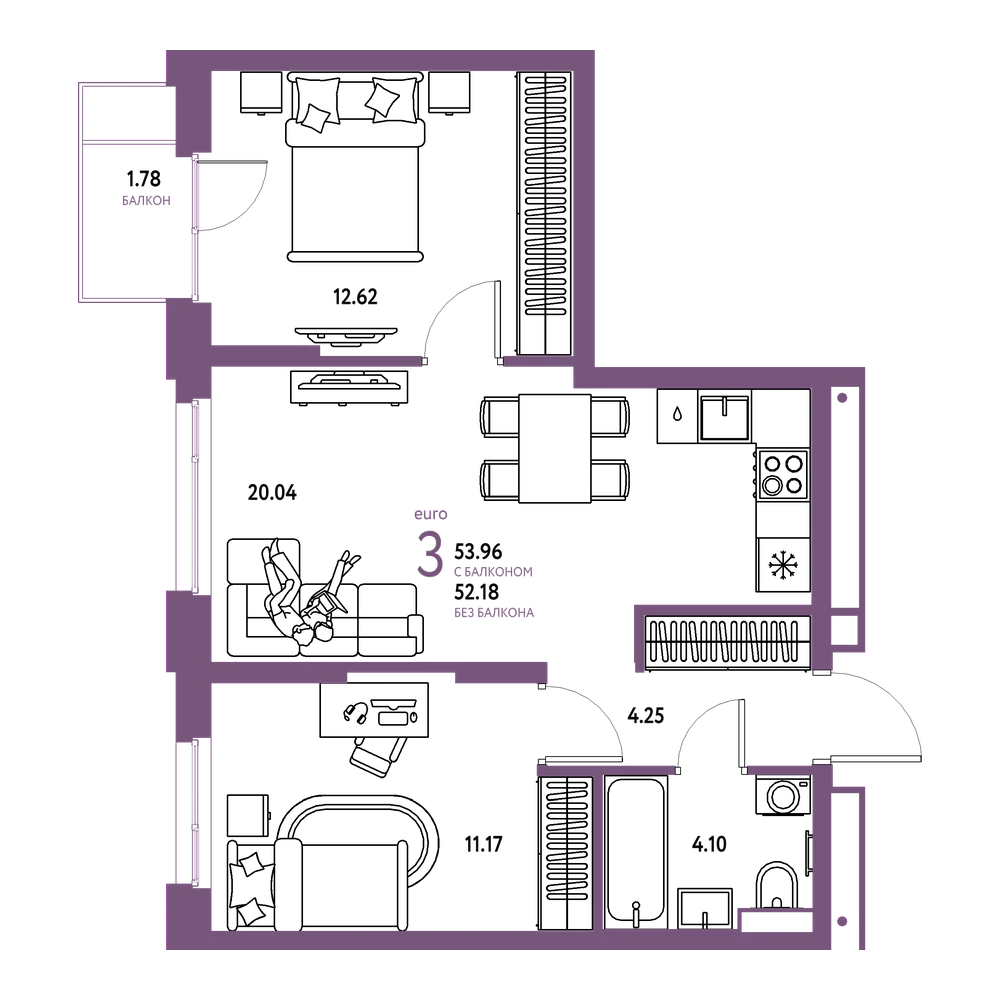 Планировка: Евротрёшка 53,96 м²