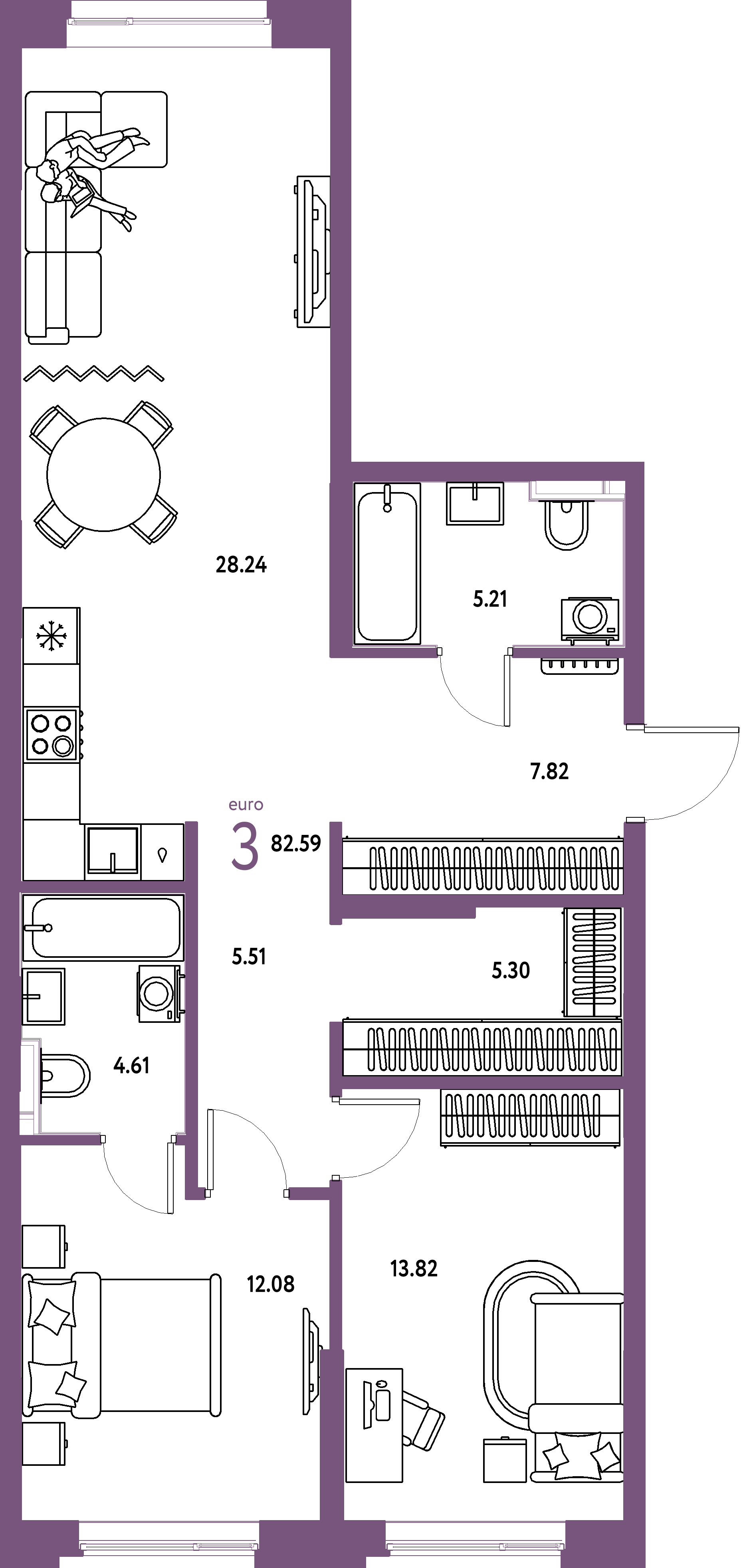 Планировка: Евротрёшка 82,61 м² в ЖК «Остров-сад»