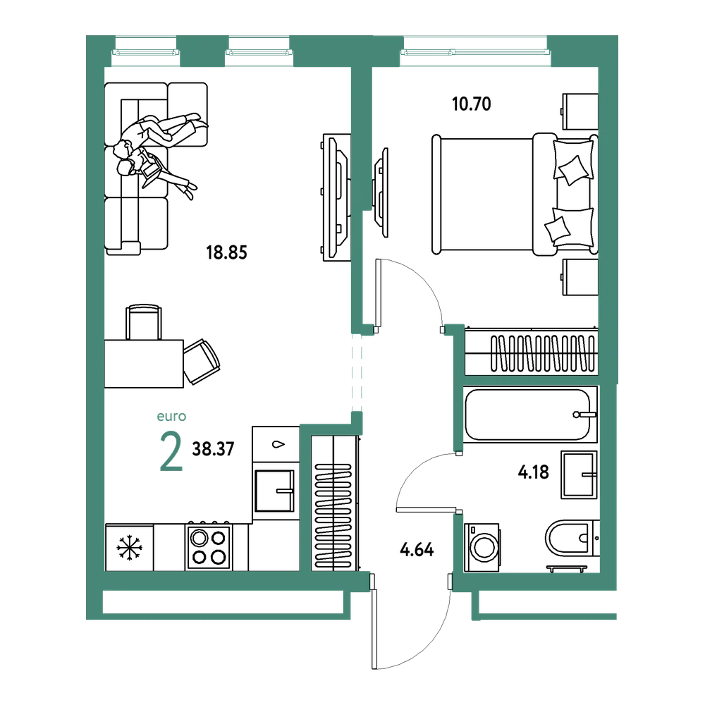Планировка: Евродвушка 38,37 м²