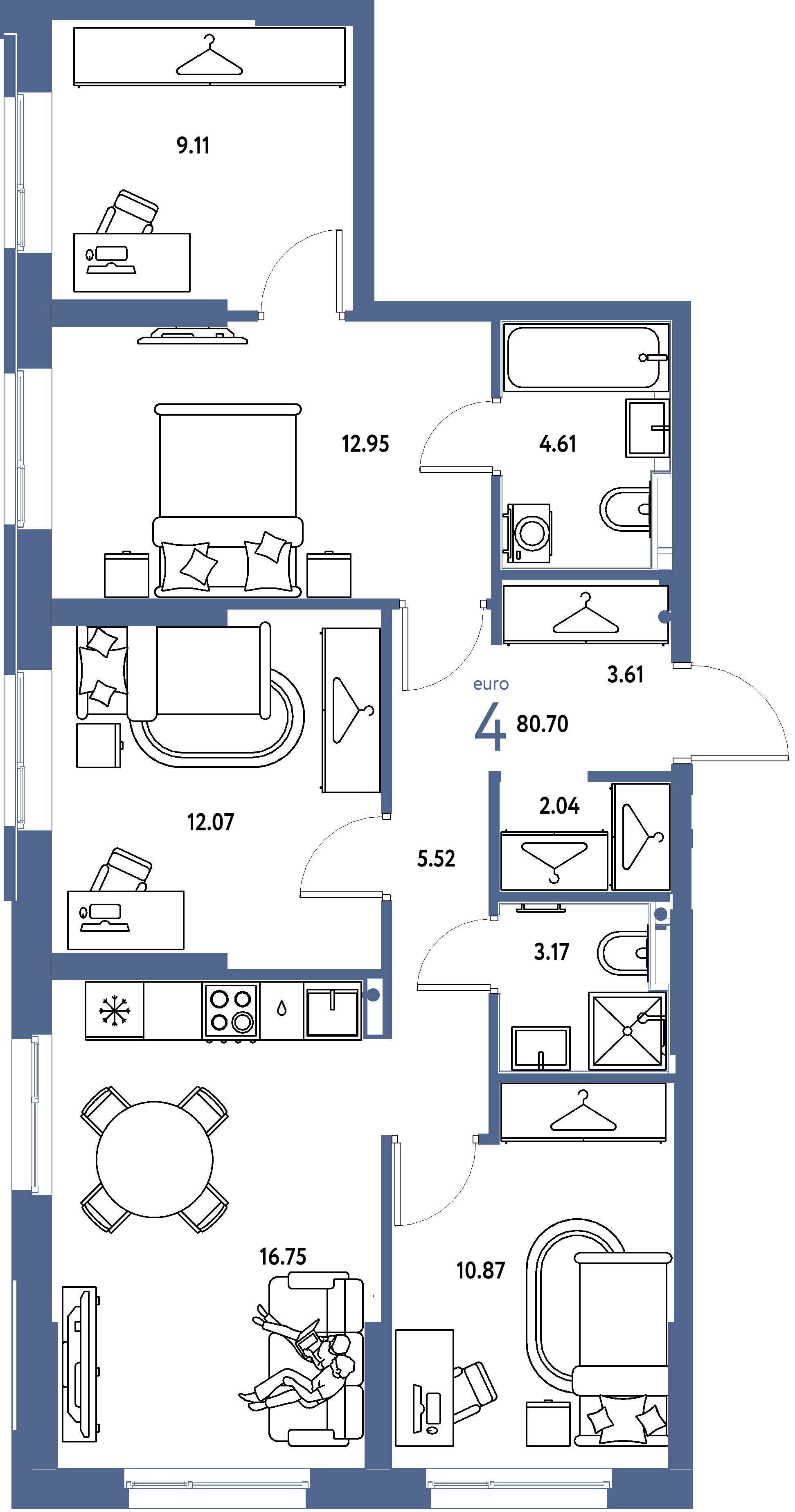Планировка: Евро-4 80,7 м² в ЖК «Европейский берег 2.0»