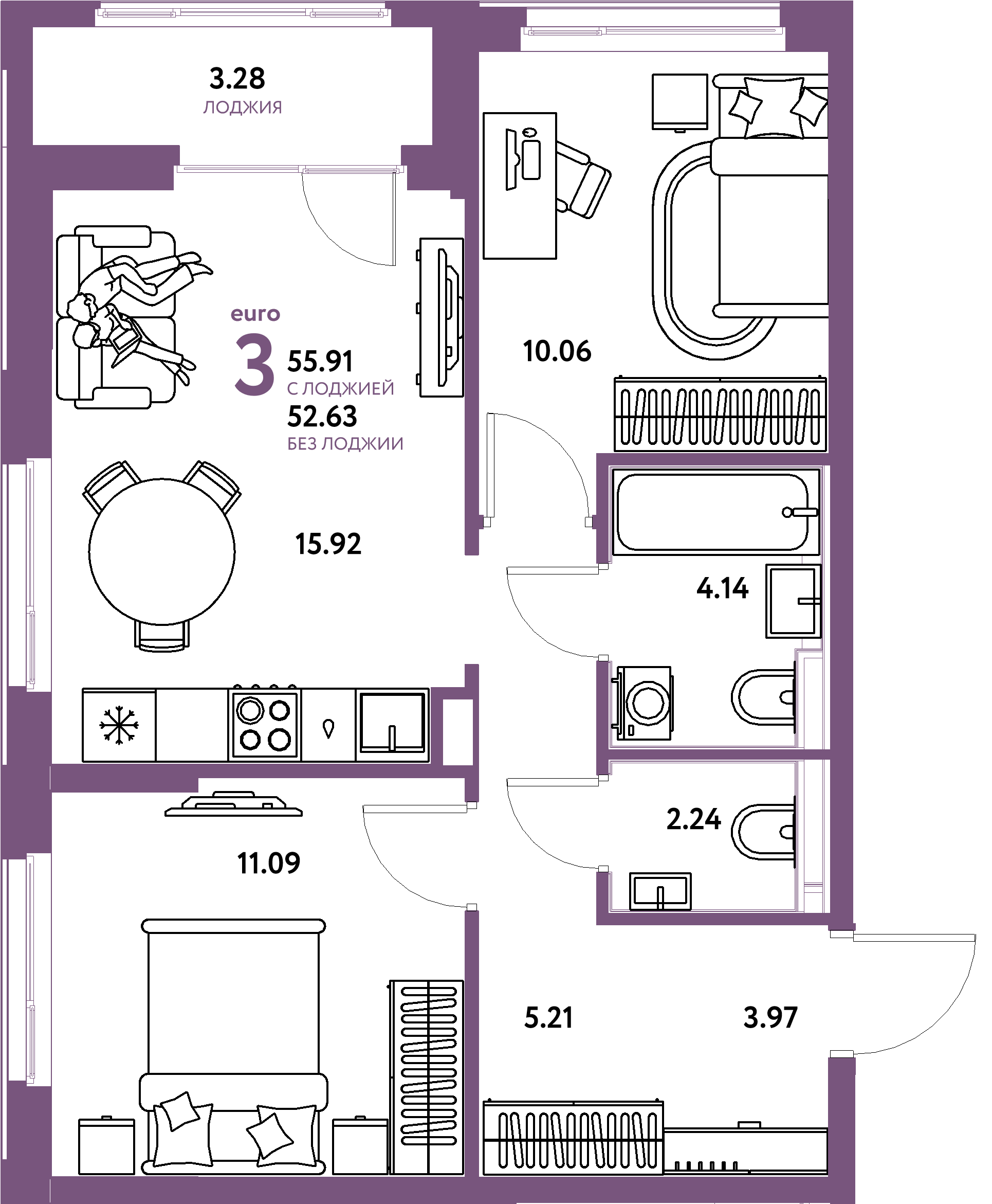 Планировка: Евротрёшка 55,91 м² в ЖК «Домашний»