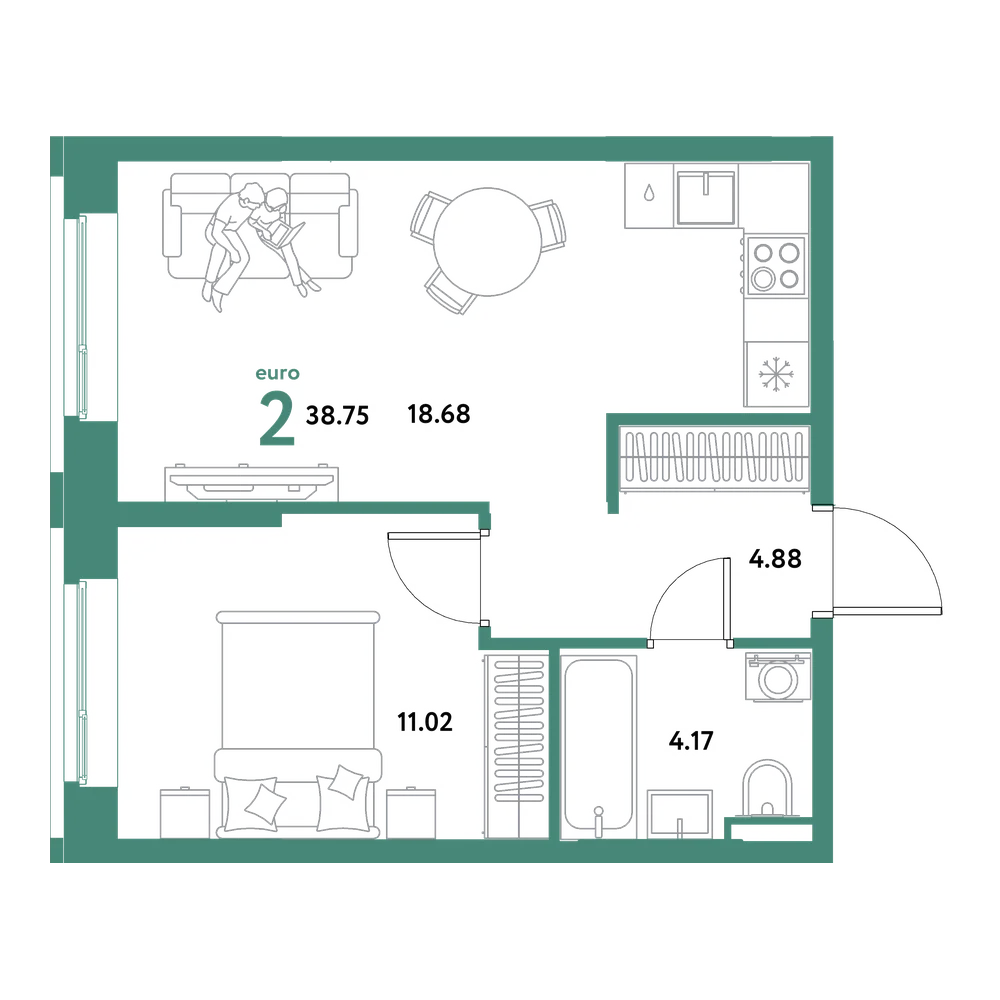 Планировка: Евродвушка 38,75 м²