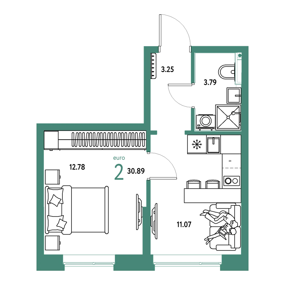 Планировка: Евродвушка 30,89 м²