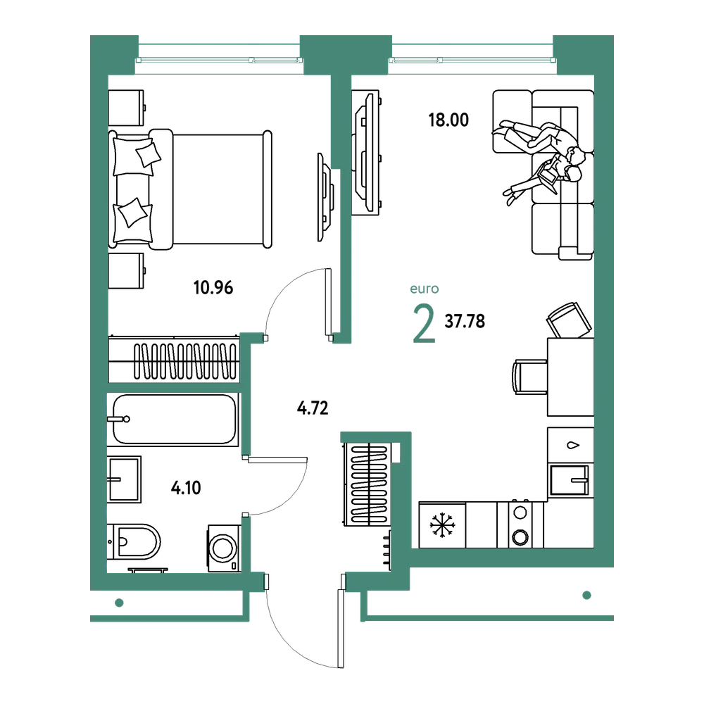 Планировка: Евродвушка 37,78 м²