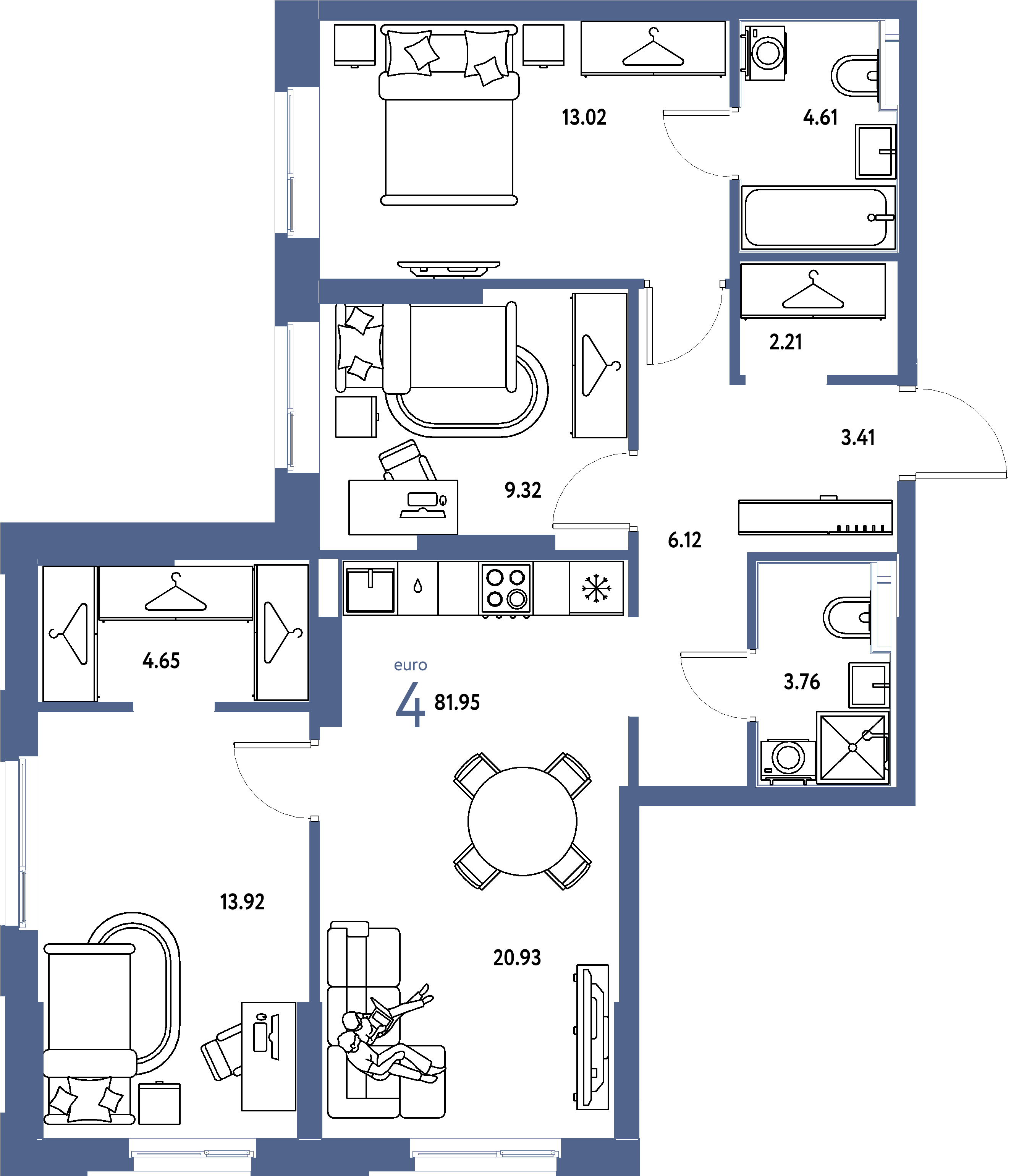Планировка: Евро-4 81,95 м² в ЖК «Европейский берег 2.0»