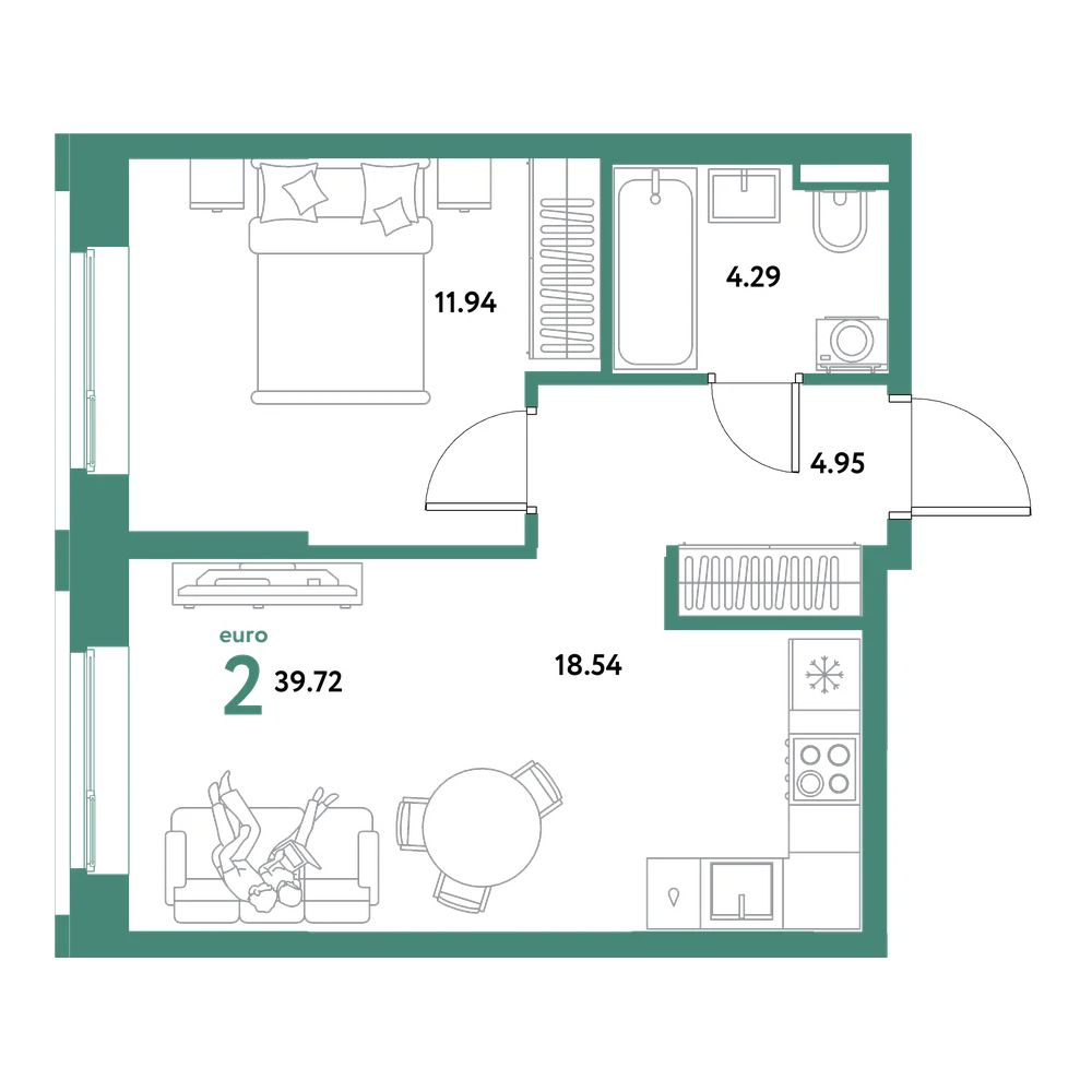 Планировка: Евродвушка 39,72 м²