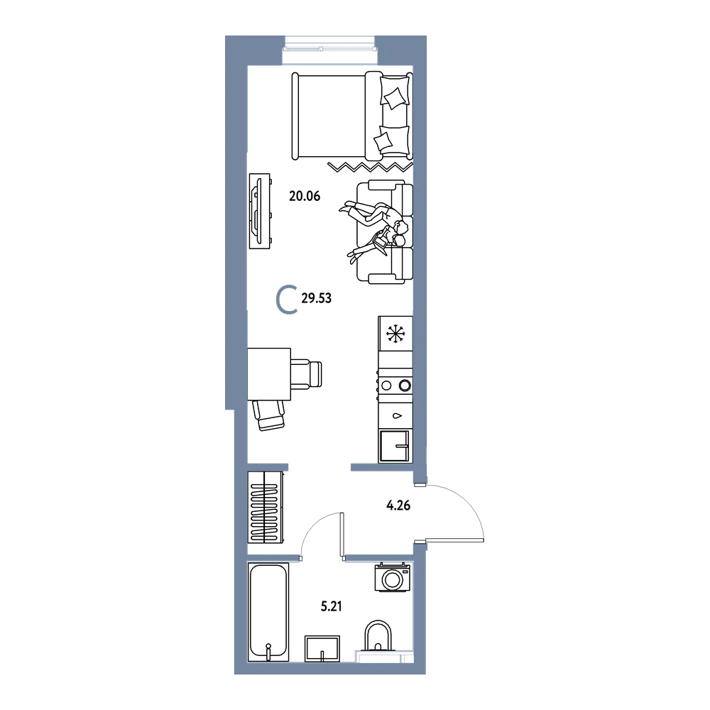 Планировка: Студия 29,53 м²
