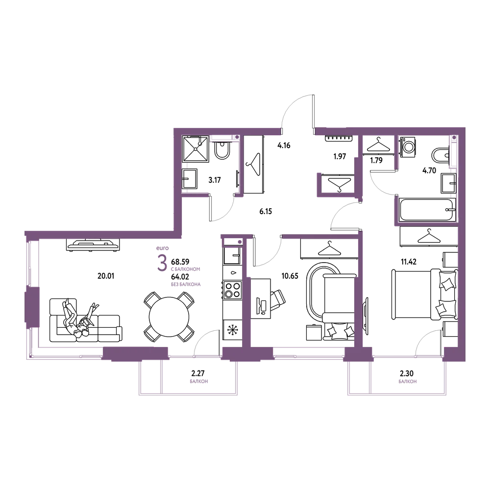 Планировка: Евротрёшка 68,59 м²