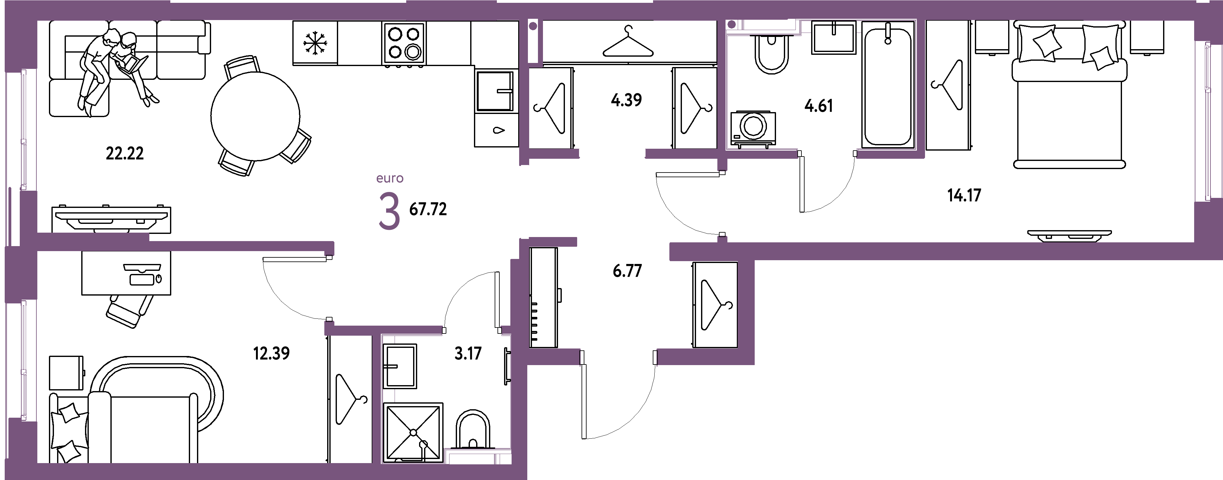 Планировка: Евротрёшка 67,72 м² в ЖК «Страна.Прибрежная»