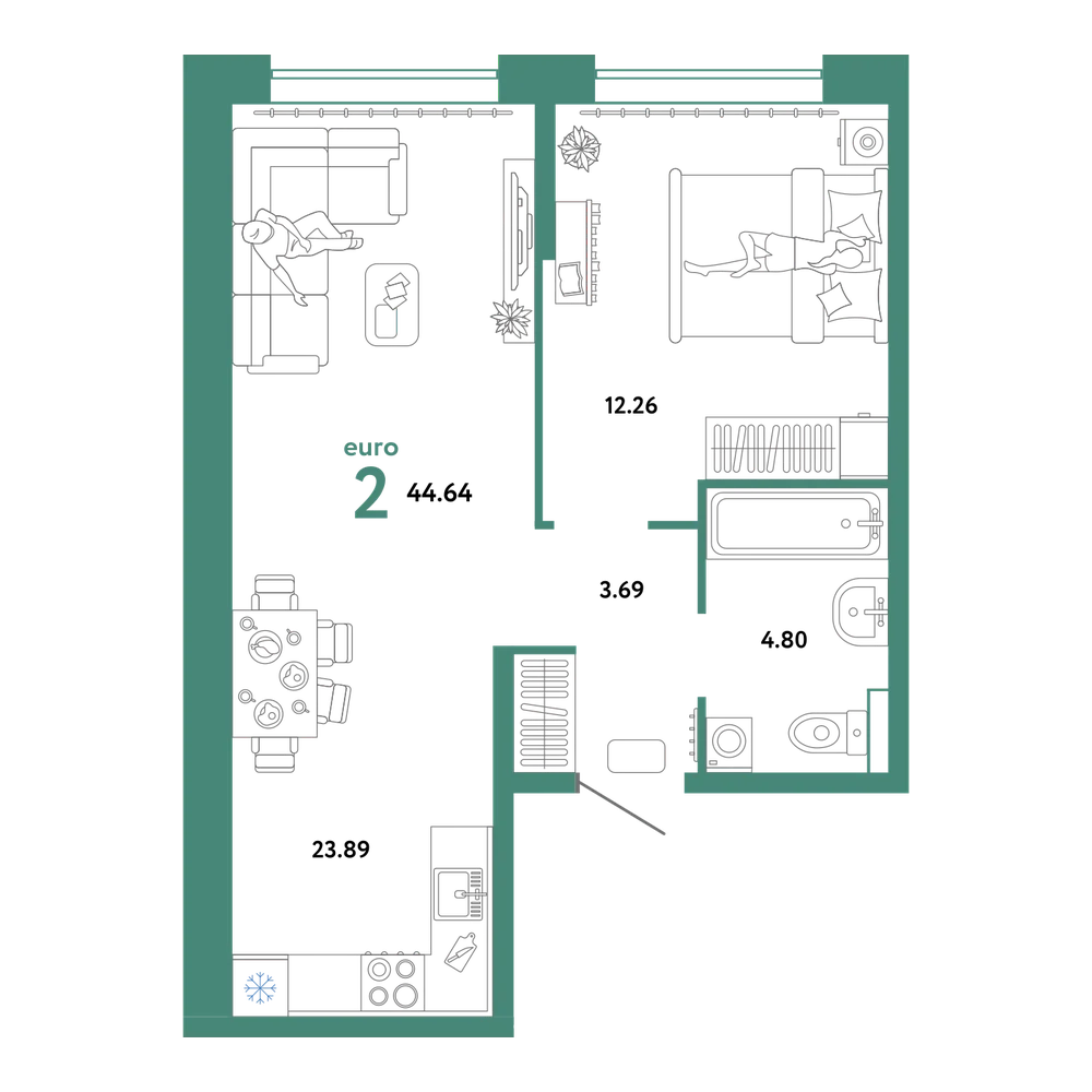 Планировка: Евродвушка 44,64 м²