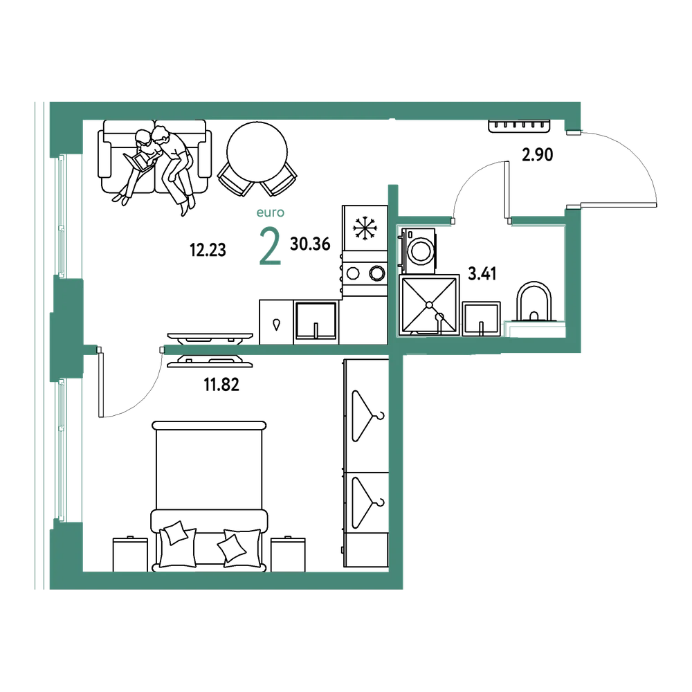 Планировка: Евродвушка 30,36 м²