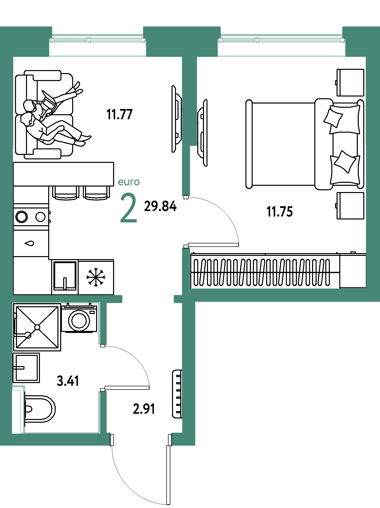 Планировка: Евродвушка 29,84 м² в ЖК «Остров-сад»