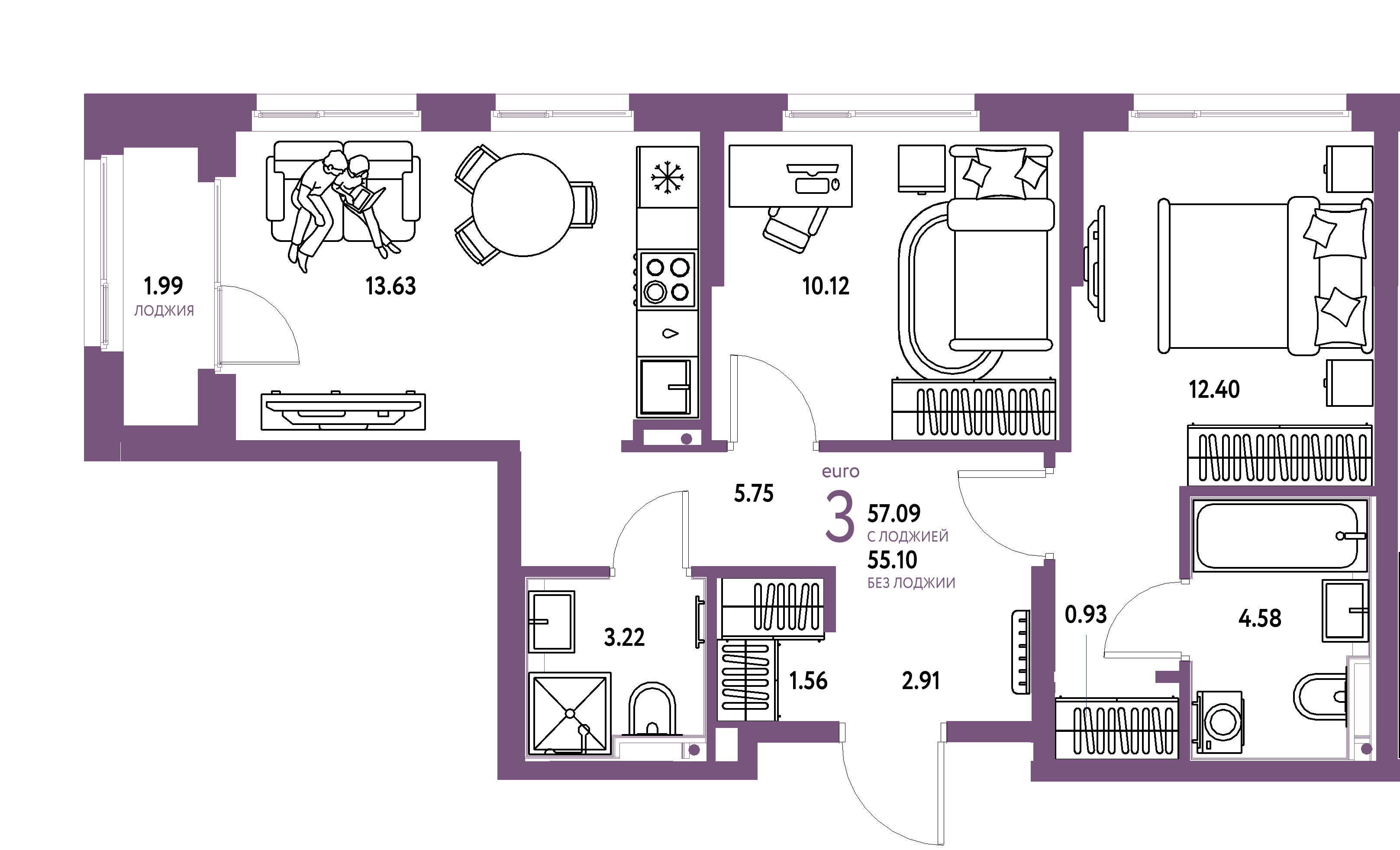 Планировка: Евротрёшка 57,09 м² в ЖК «Сердце Сибири»