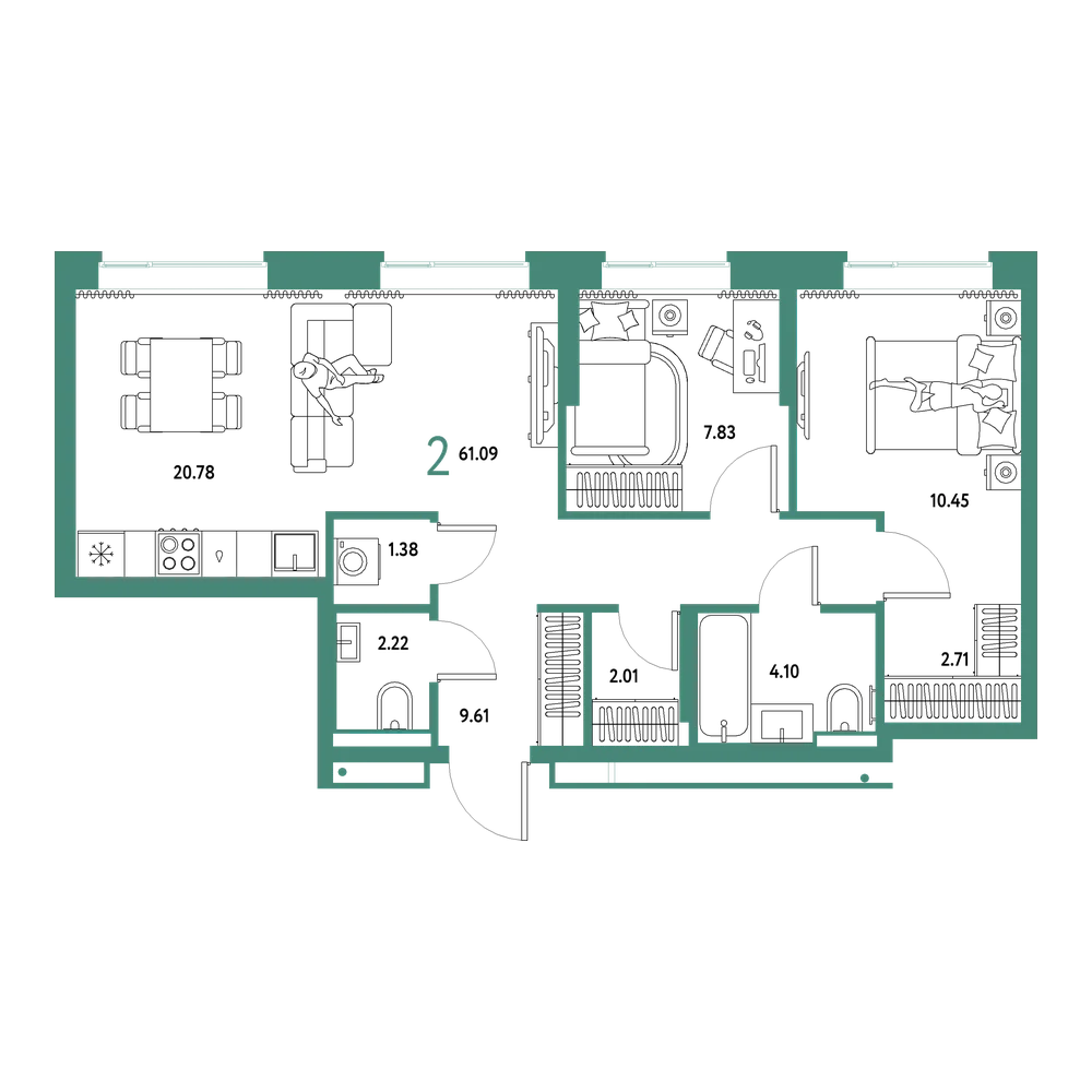 Планировка: Евротрёшка 61,09 м²