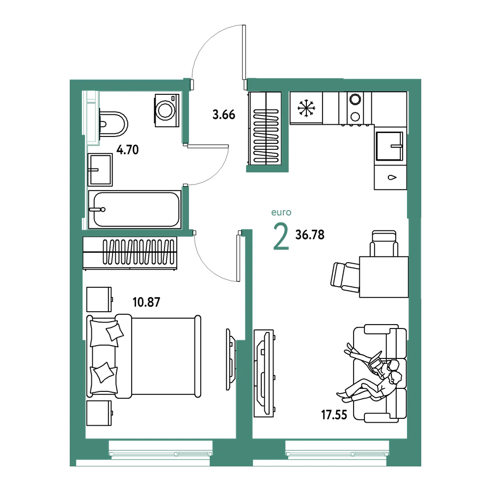 Планировка: Евродвушка 36,66 м²