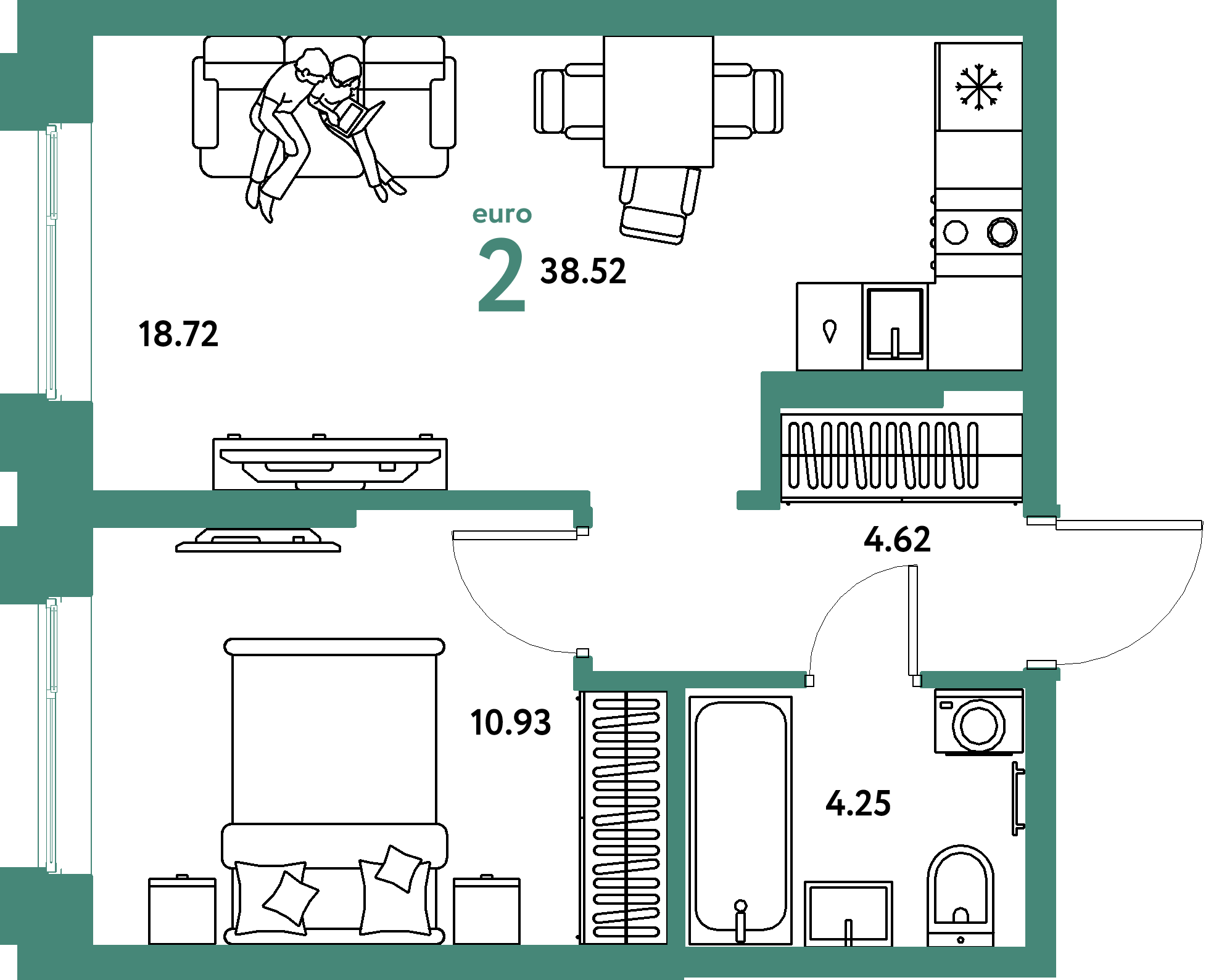 Планировка: Евродвушка 38,52 м² в ЖК «Европейский берег 2.0»