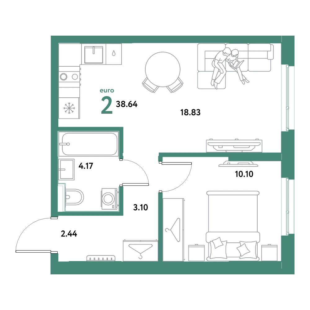Планировка: Евродвушка 38,64 м²