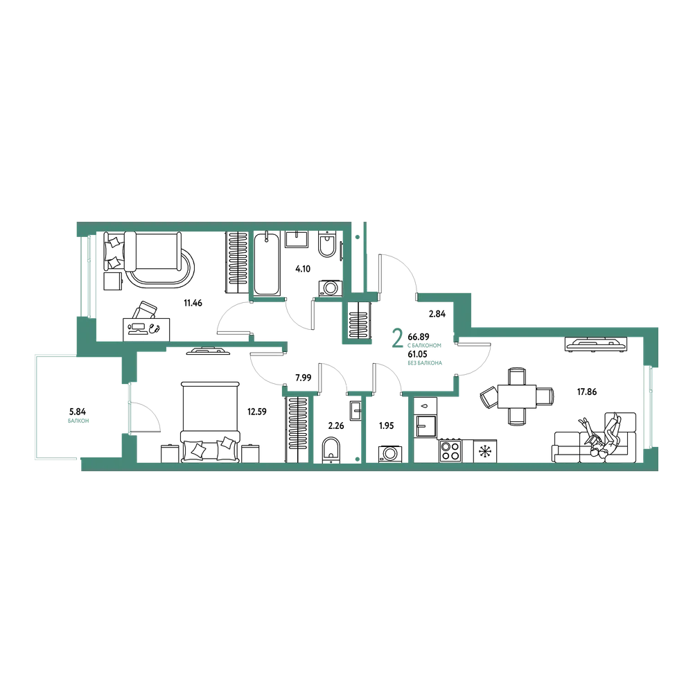 Планировка: 2-комнатная 66,89 м²