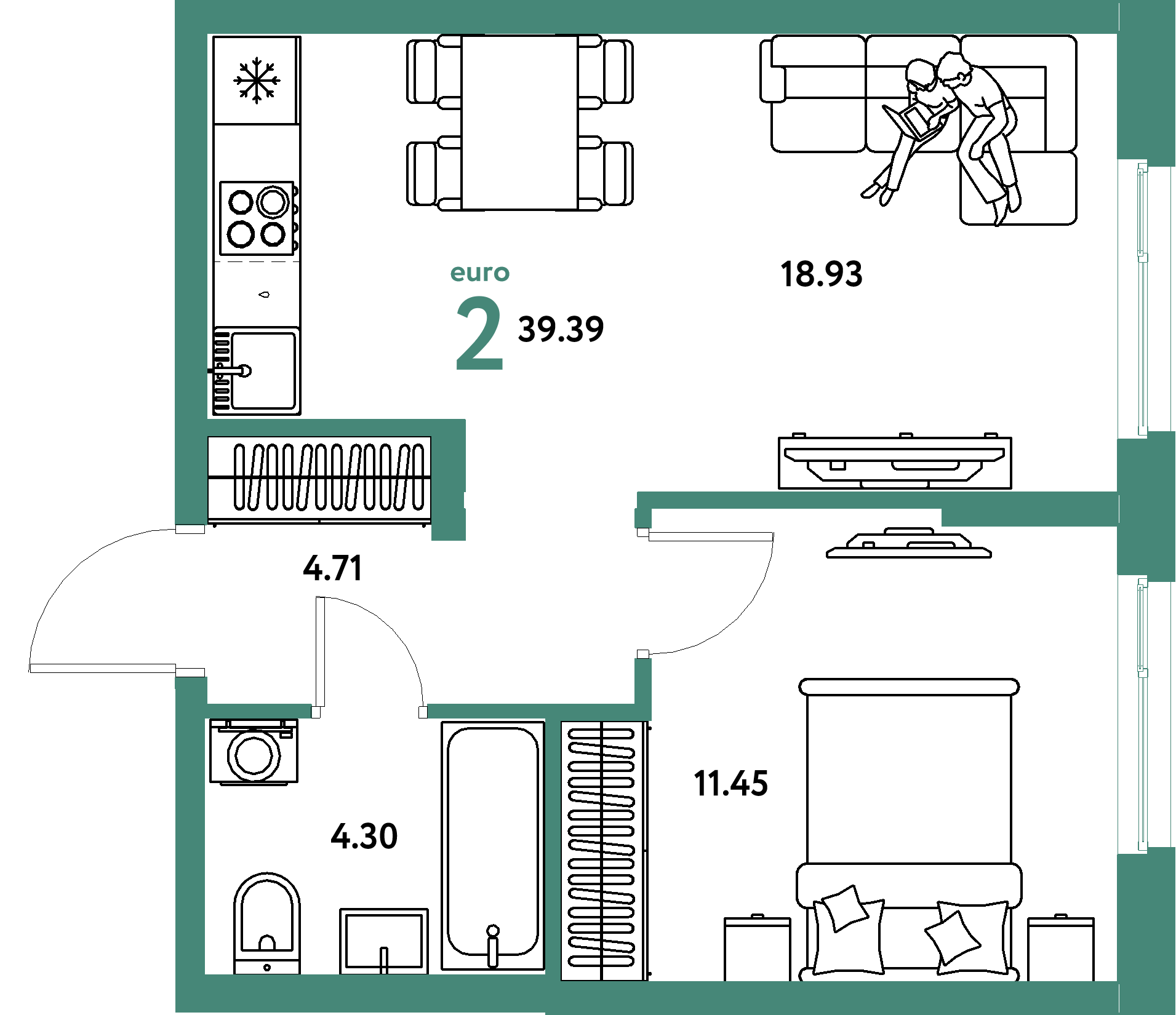 Планировка: Евродвушка 39,39 м² в ЖК «Европейский берег 2.0»