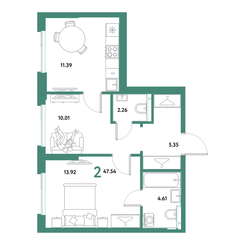 Планировка: 2-комнатная 47,54 м²