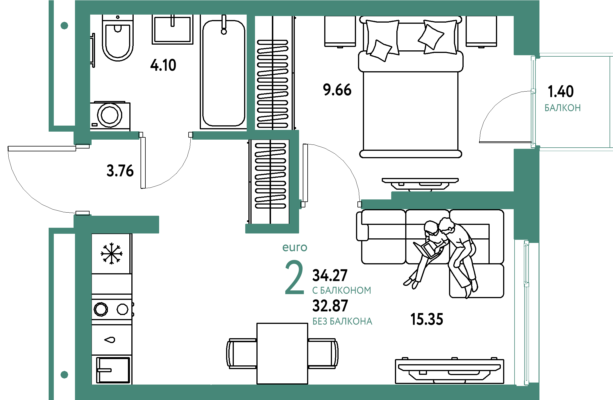 Планировка: Евродвушка 34,27 м² в ЖК «Домашний»
