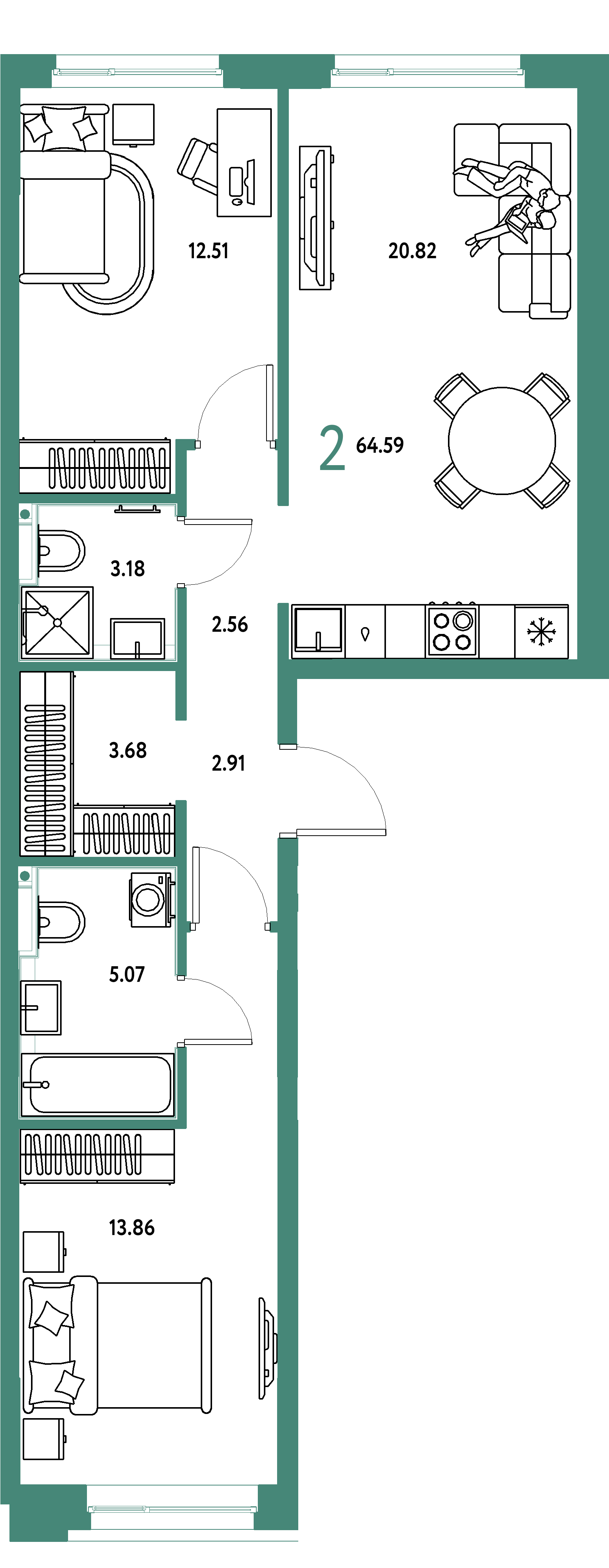 Планировка: 2-комнатная 64,59 м² в ЖК «Сердце Сибири»