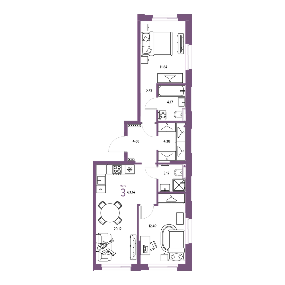 Планировка: Евротрёшка 63,14 м²