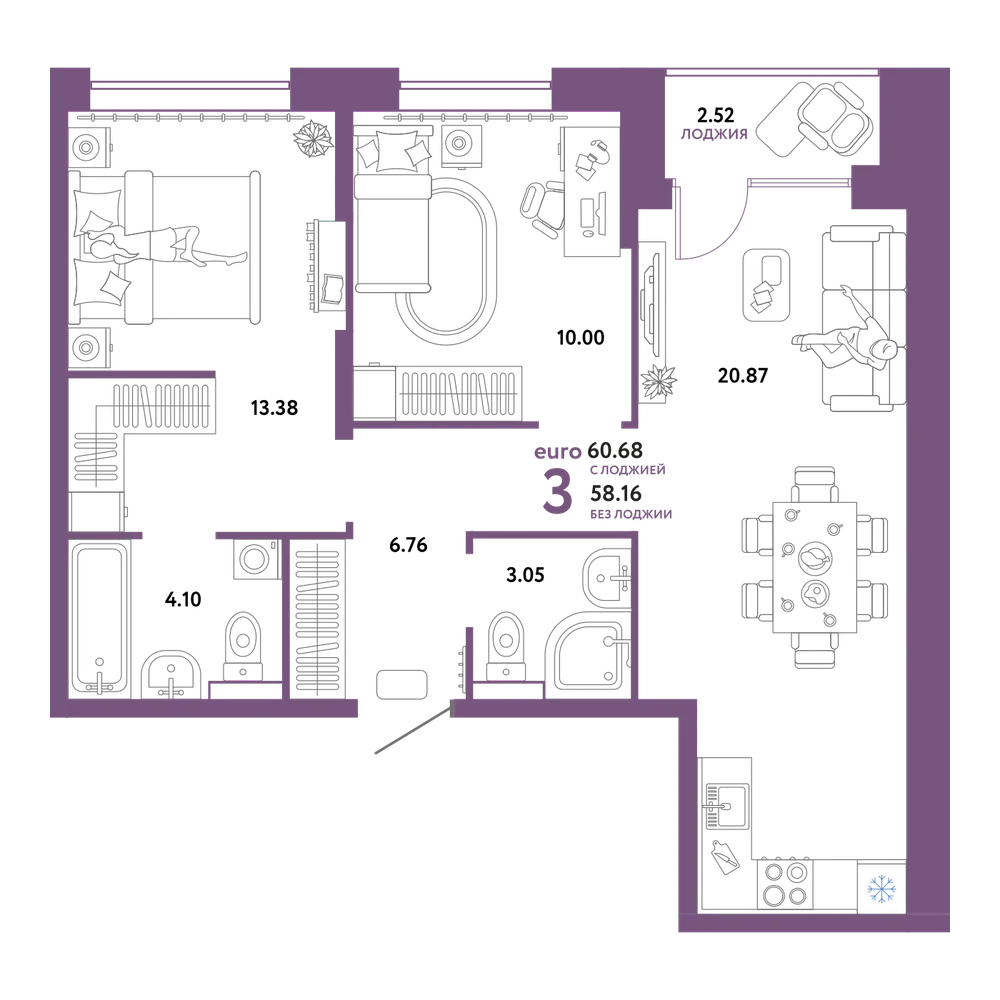 Планировка: Евротрёшка 60,68 м²