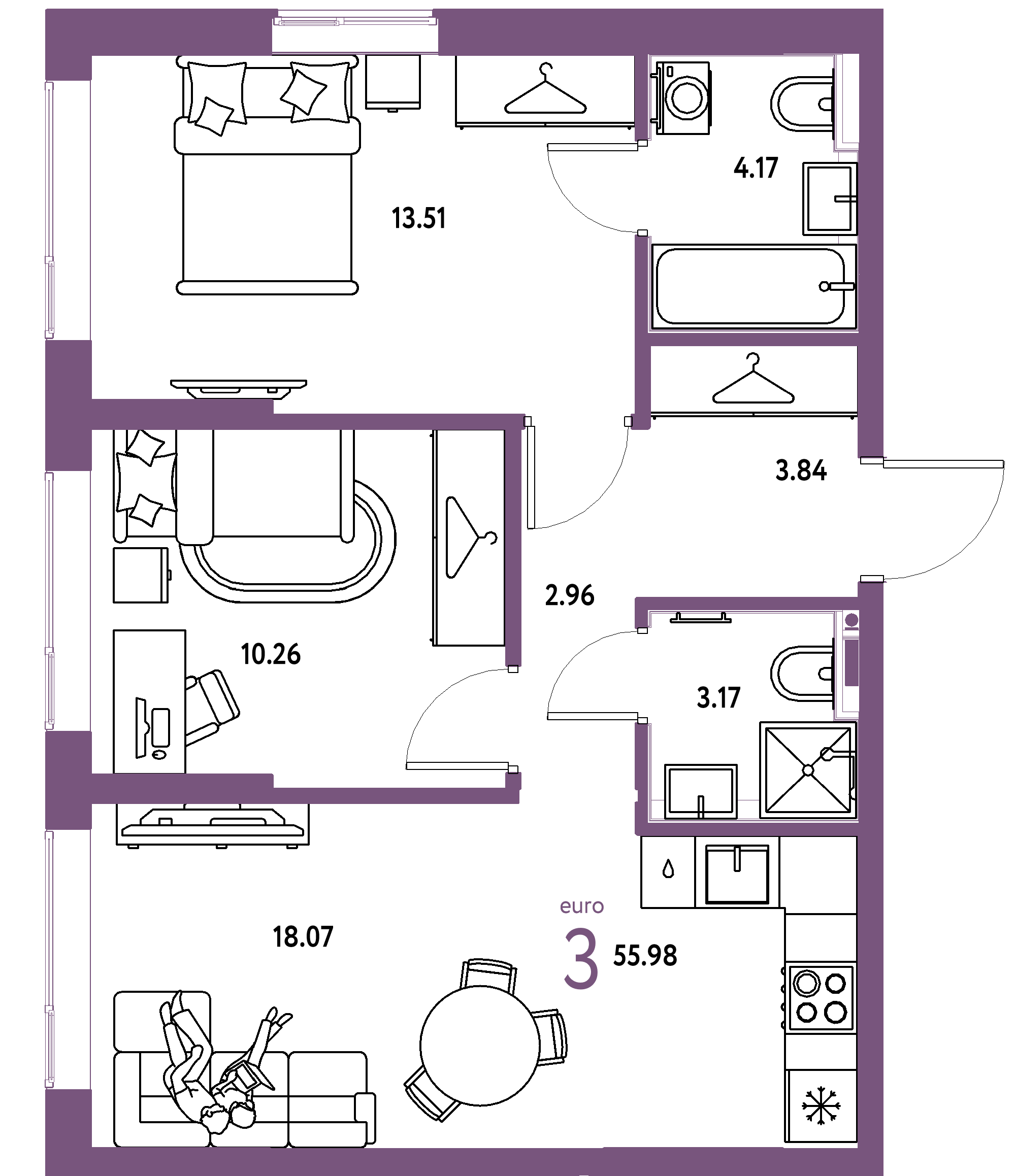 Планировка: Евротрёшка 55,98 м² в ЖК «Страна.Прибрежная»