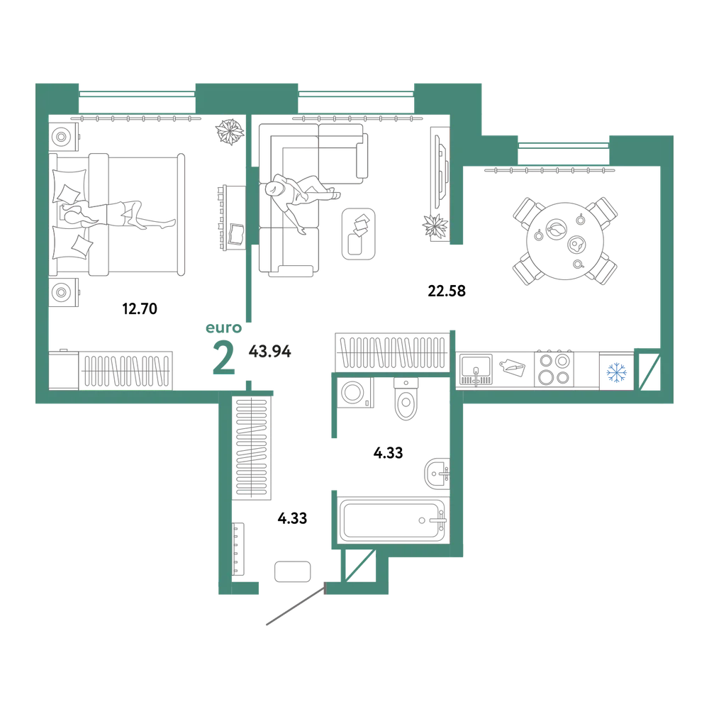 Планировка: Евродвушка 43,94 м²