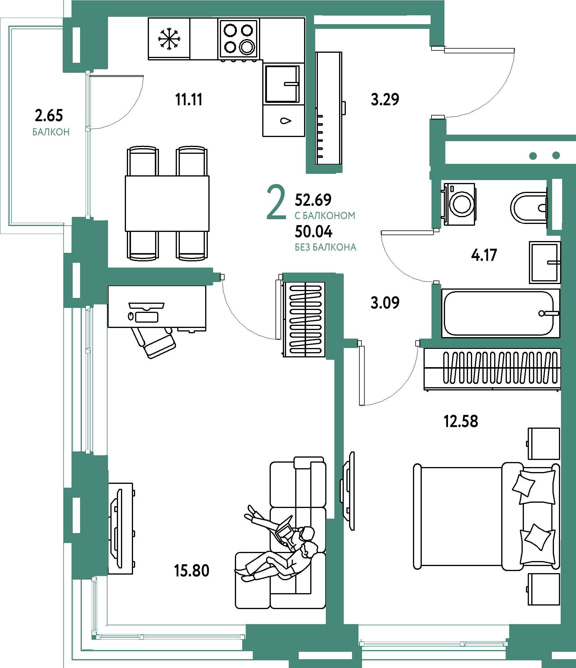 Планировка: 2-комнатная 52,69 м² в ЖК «Страна.Прибрежная»
