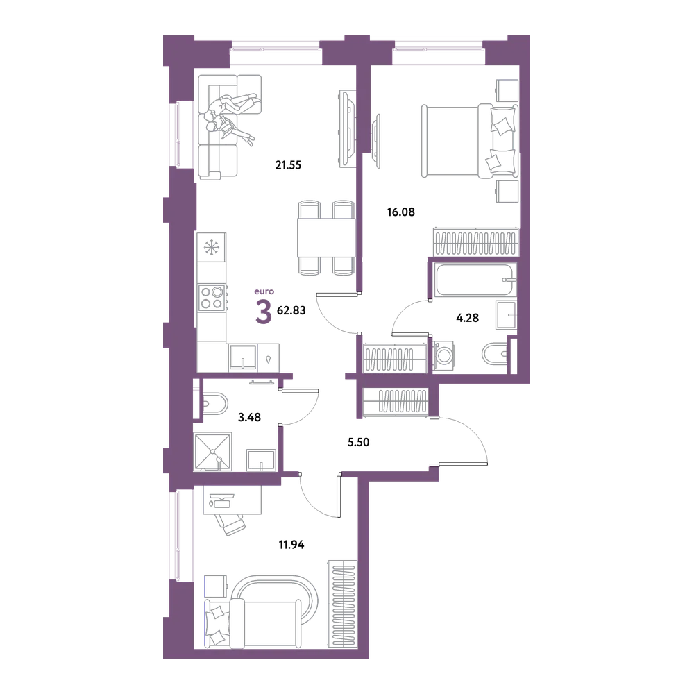 Планировка: Евротрёшка 62,83 м²