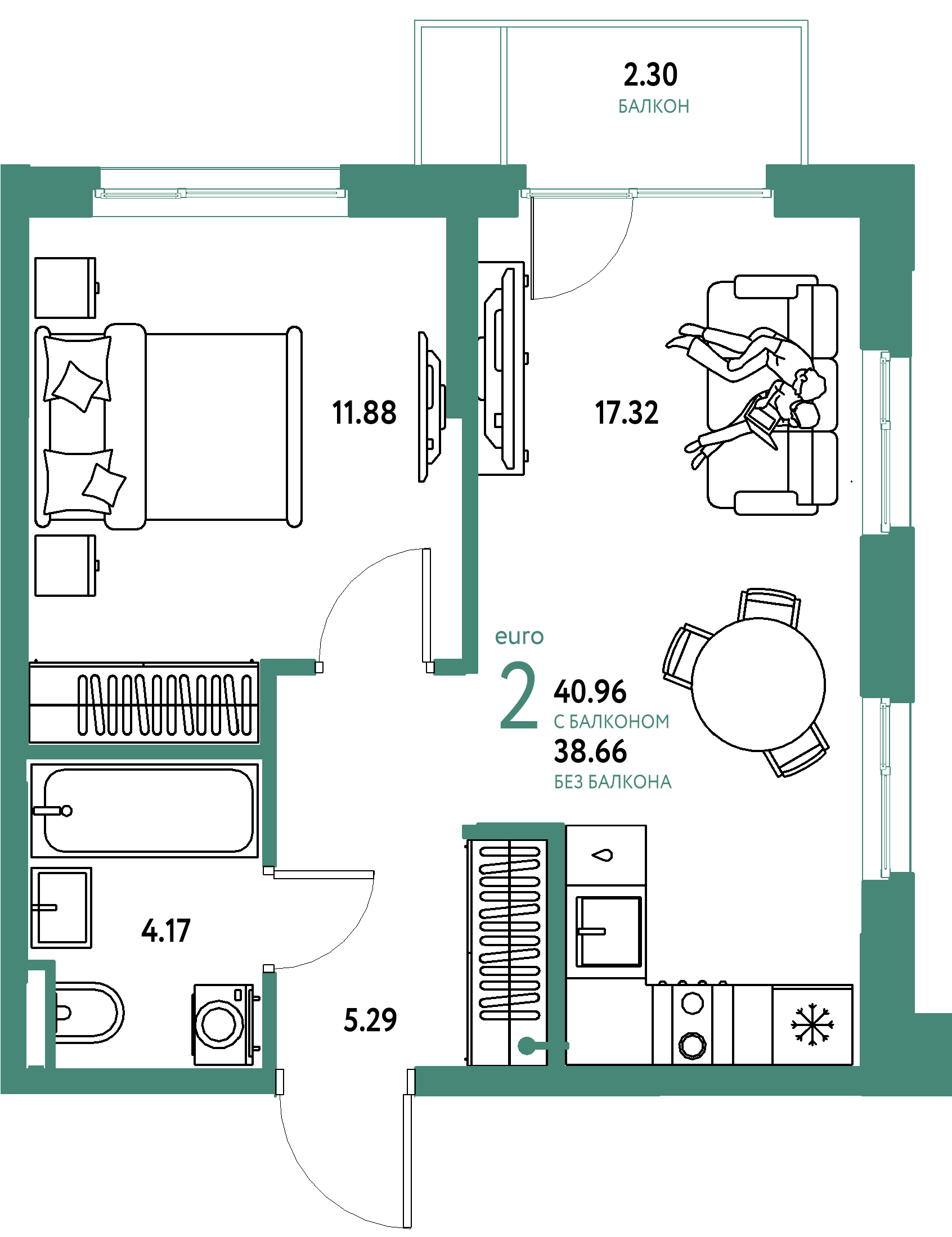 Планировка: Евродвушка 40,96 м² в ЖК «Остров-сад»
