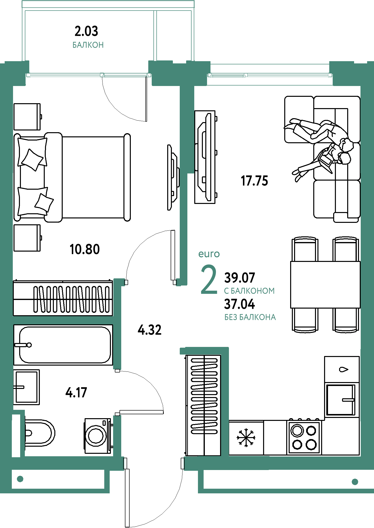 Планировка: Евродвушка 39,07 м² в ЖК «Страна.Прибрежная»