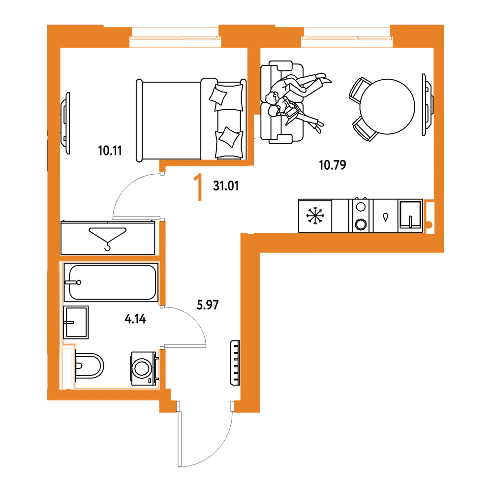 Планировка: 1-комнатная 31,01 м²