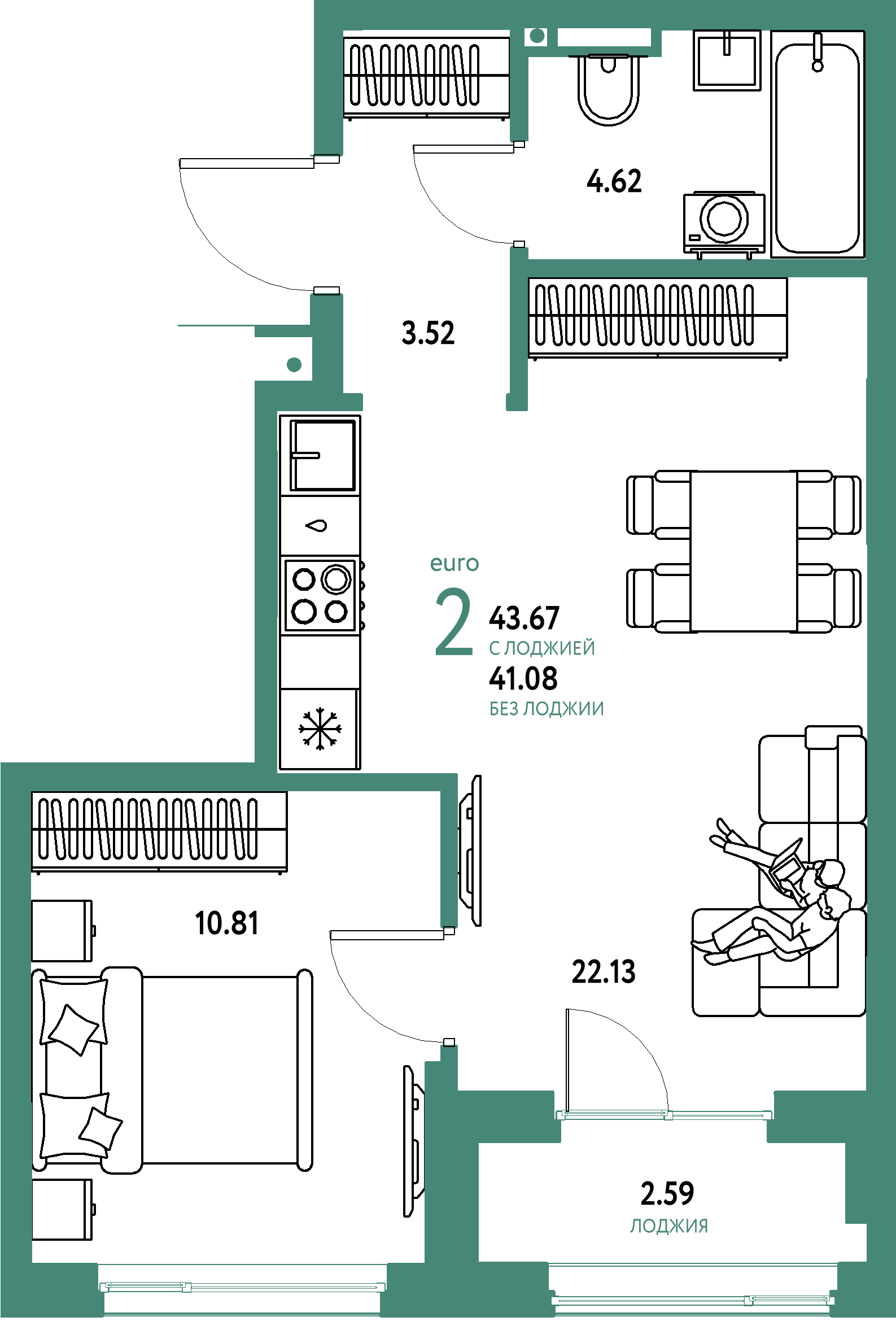 Планировка: Евродвушка 43,67 м² в ЖК «Страна.Прибрежная»